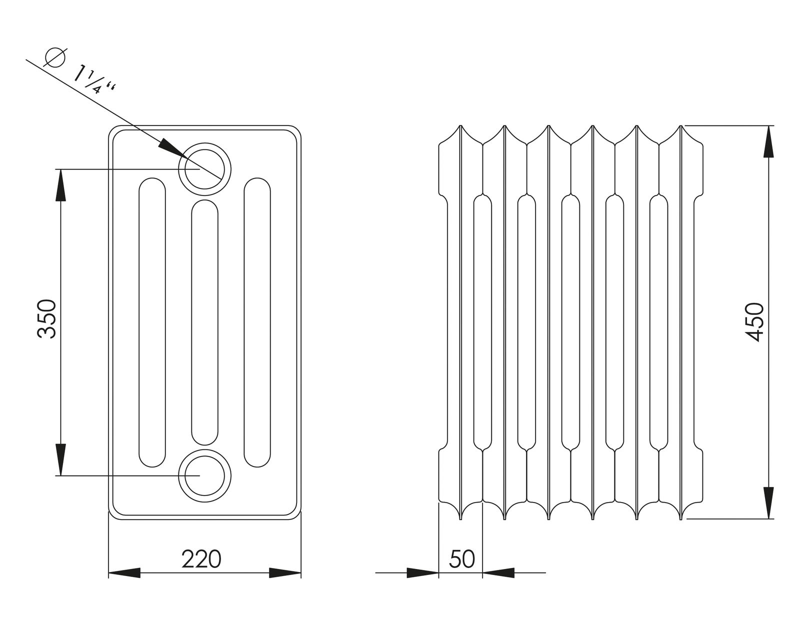 HG-TEC DIN-Stahlradiator RAL 9010 gep. 31 Glieder BH 450 NA 350 BL 1550 BT 220