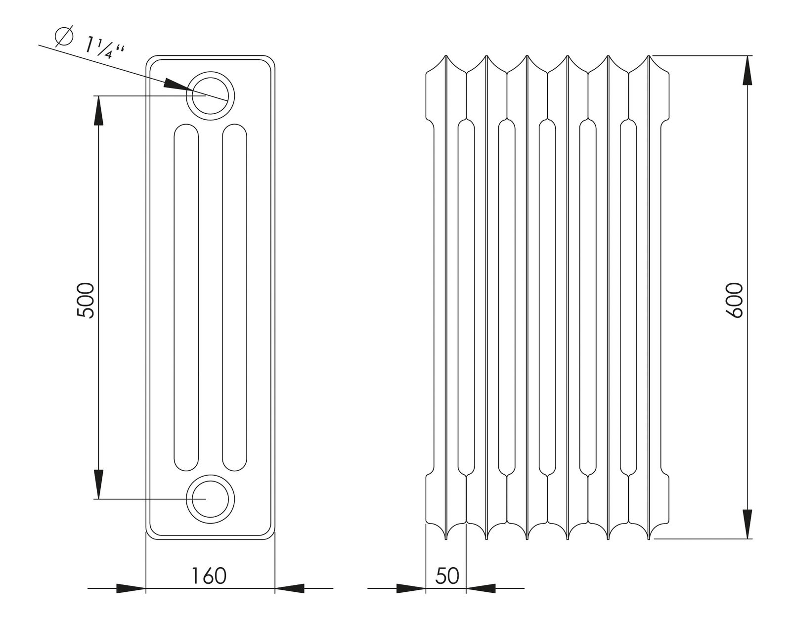 HG-TEC DIN-Stahlradiator RAL 9010 gep. 39 Glieder BH 600 NA 500 BL 1950 BT 160