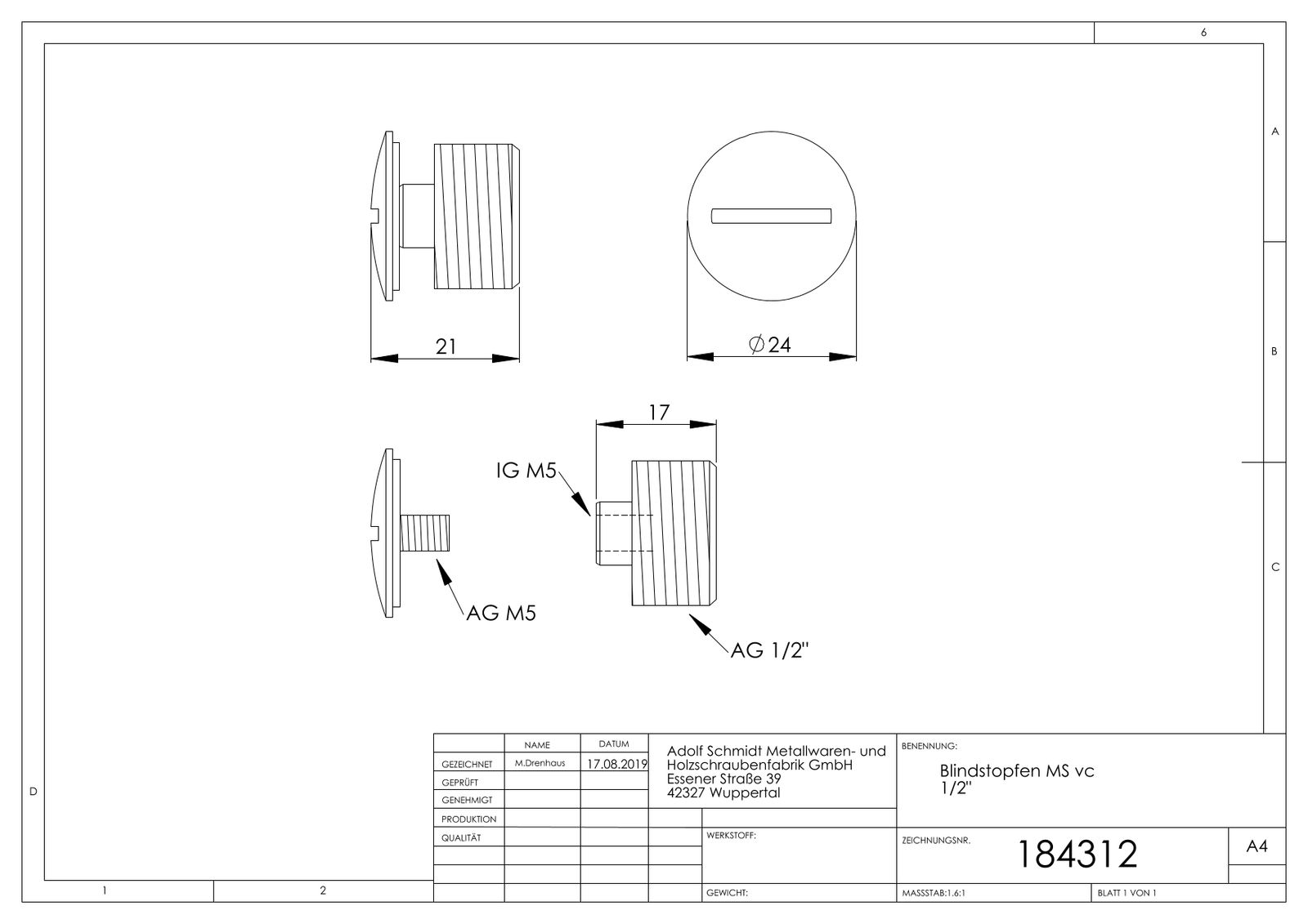 STEDO Blindstopfen 1/2", Messing verchromt
