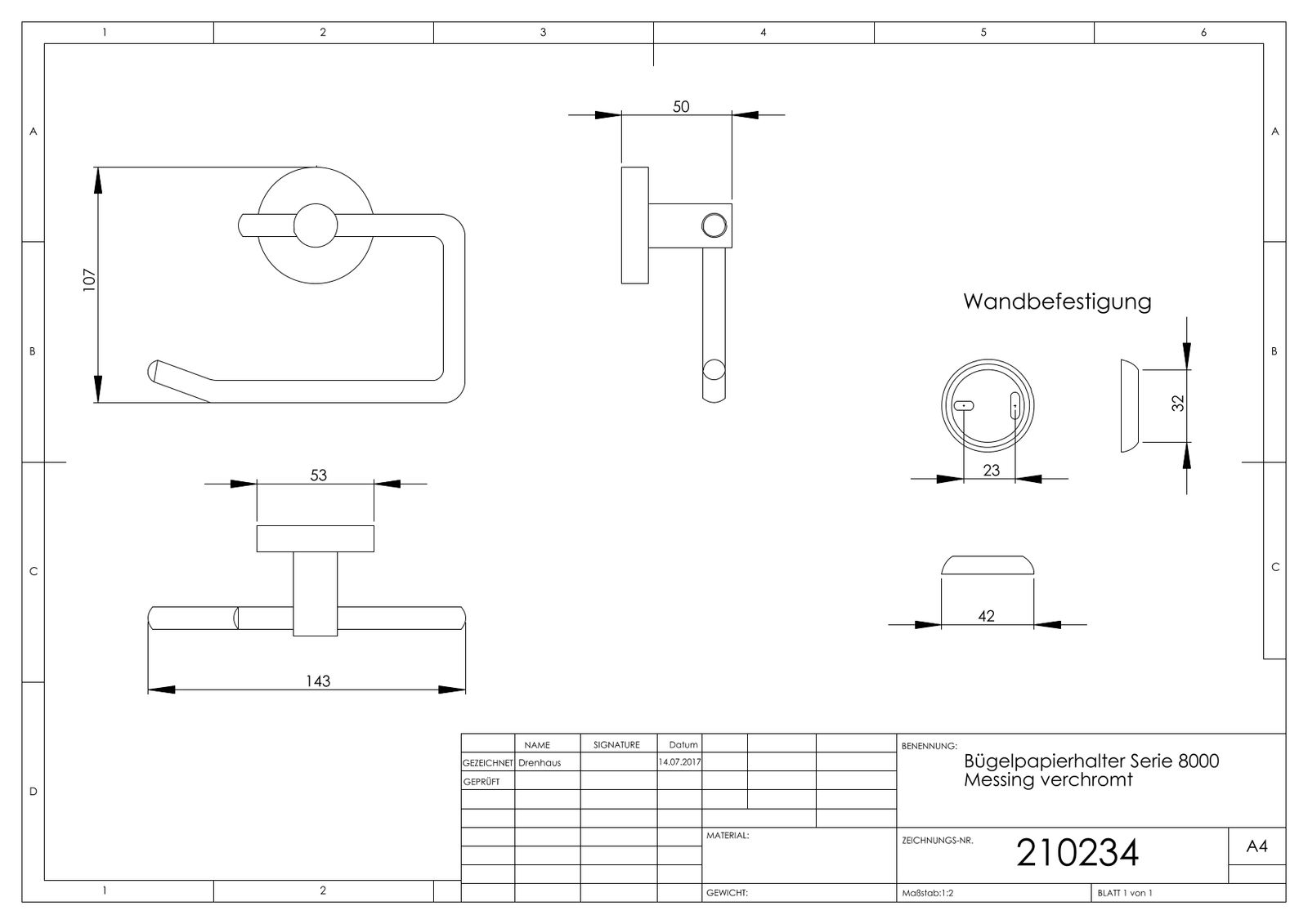 ASW Bügelpapierhalter Serie 8000 Messing verchromt