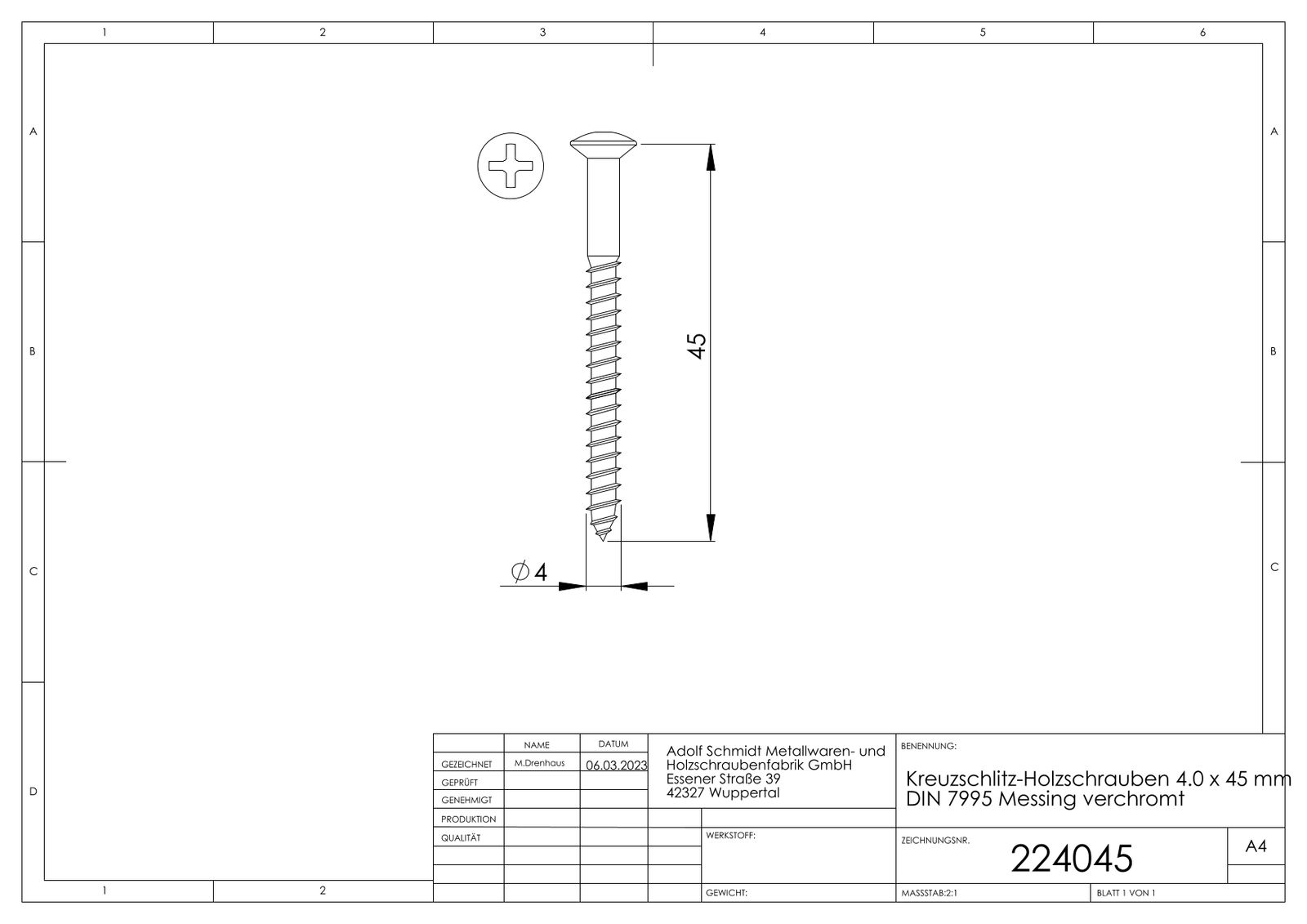 ASW Kreuzschlitz-Holzschraube 4,0 mm x 45 mm, Messing verchromt, DIN 7995