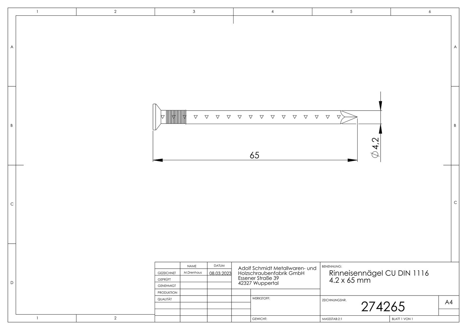 ASW Rinneisennagel 4.2 x 65 mm, Kupfer