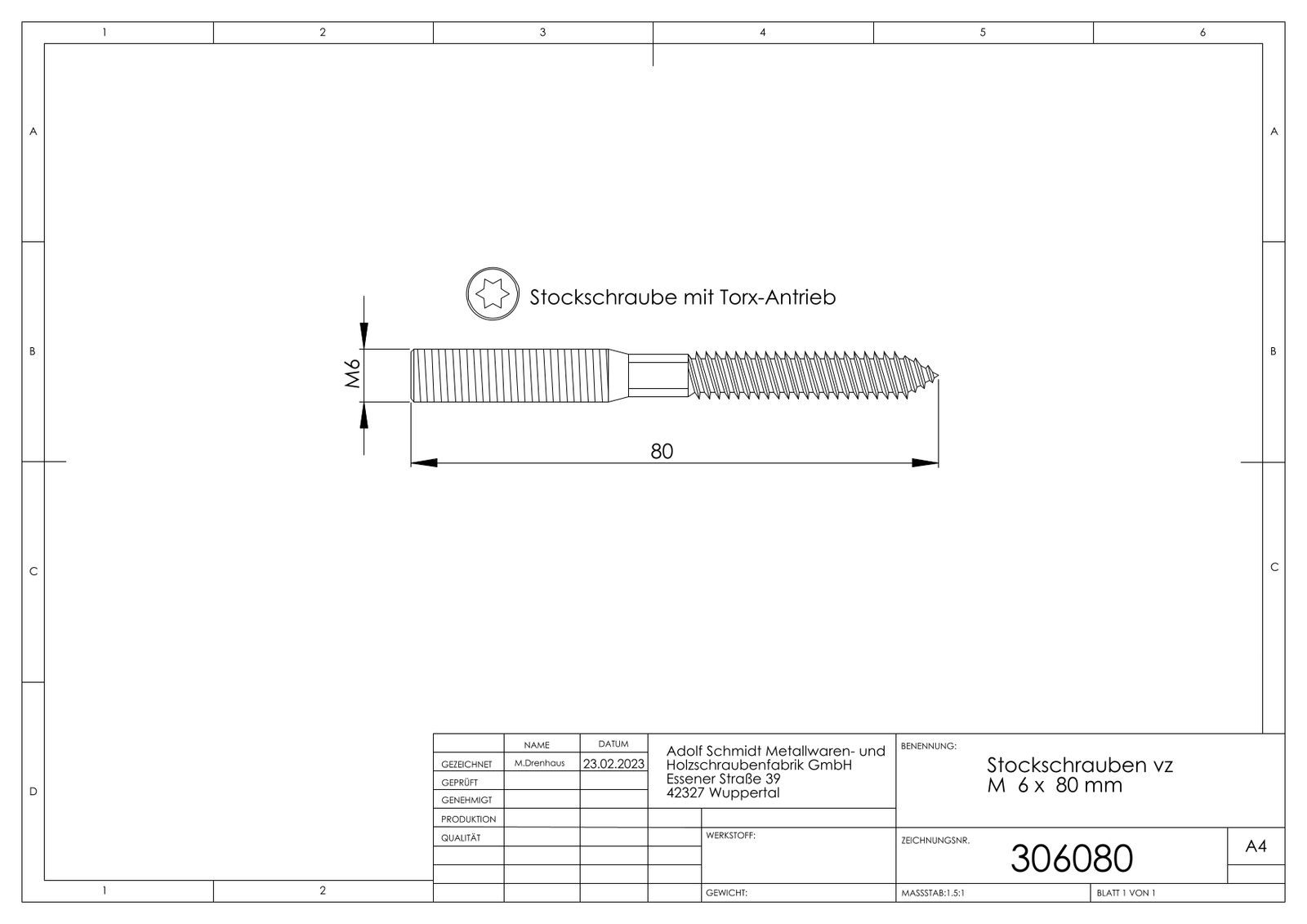 ASW Stockschraube M 6 x 80 mm, Stahl verzinkt