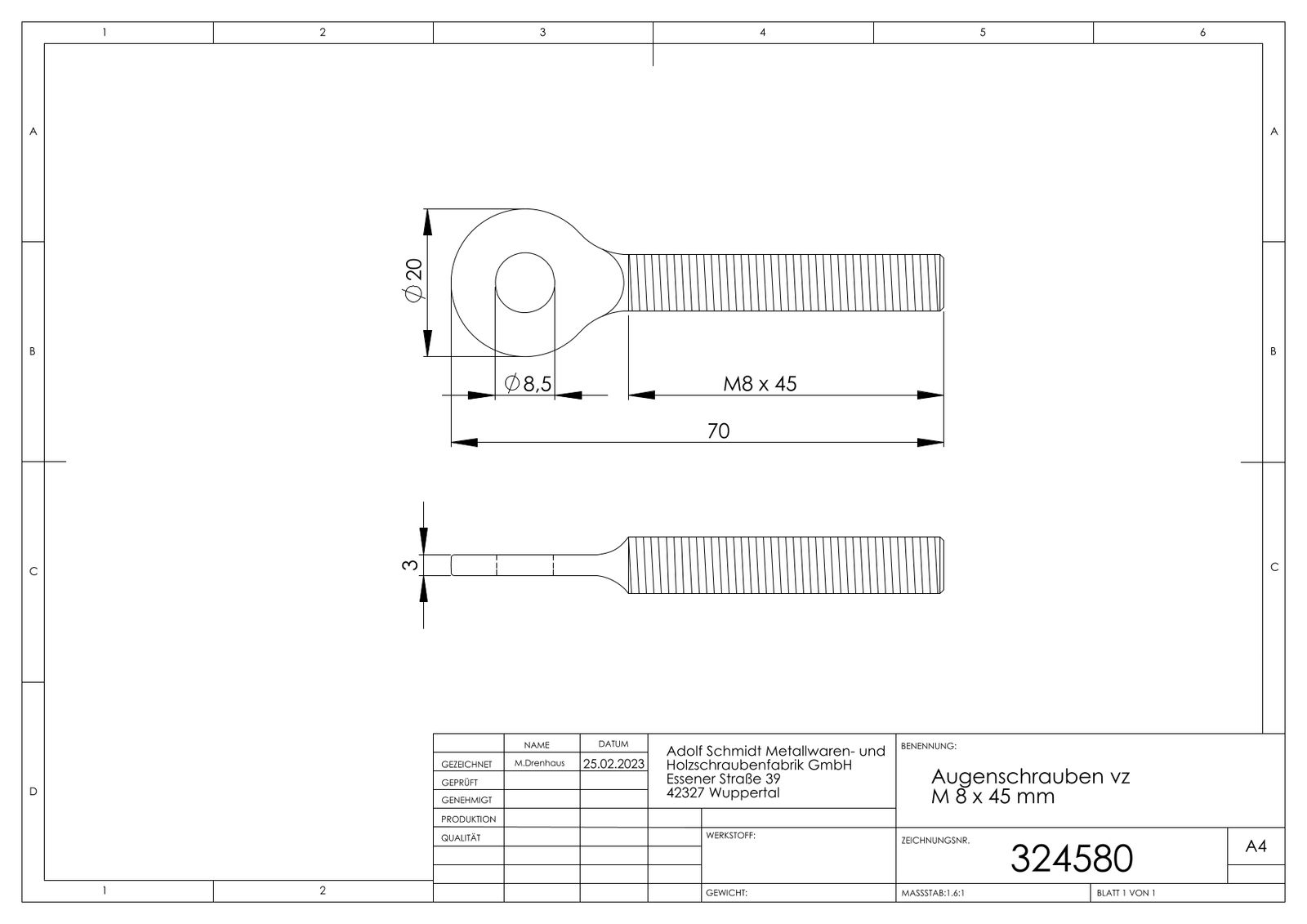 ASW Augenschraube M 8 x 45 mm, Stahl verzinkt, mit metrischem Gewinde