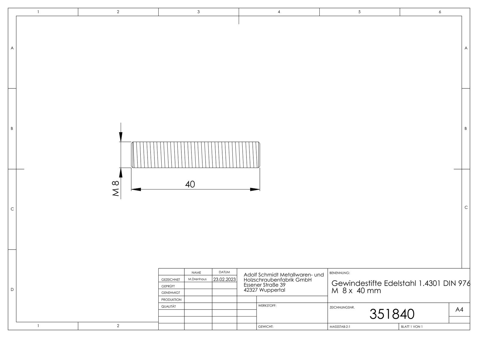 ASW Gewindestift M 8 x 60 mm, Edelstahl 1.4301 DIN 976