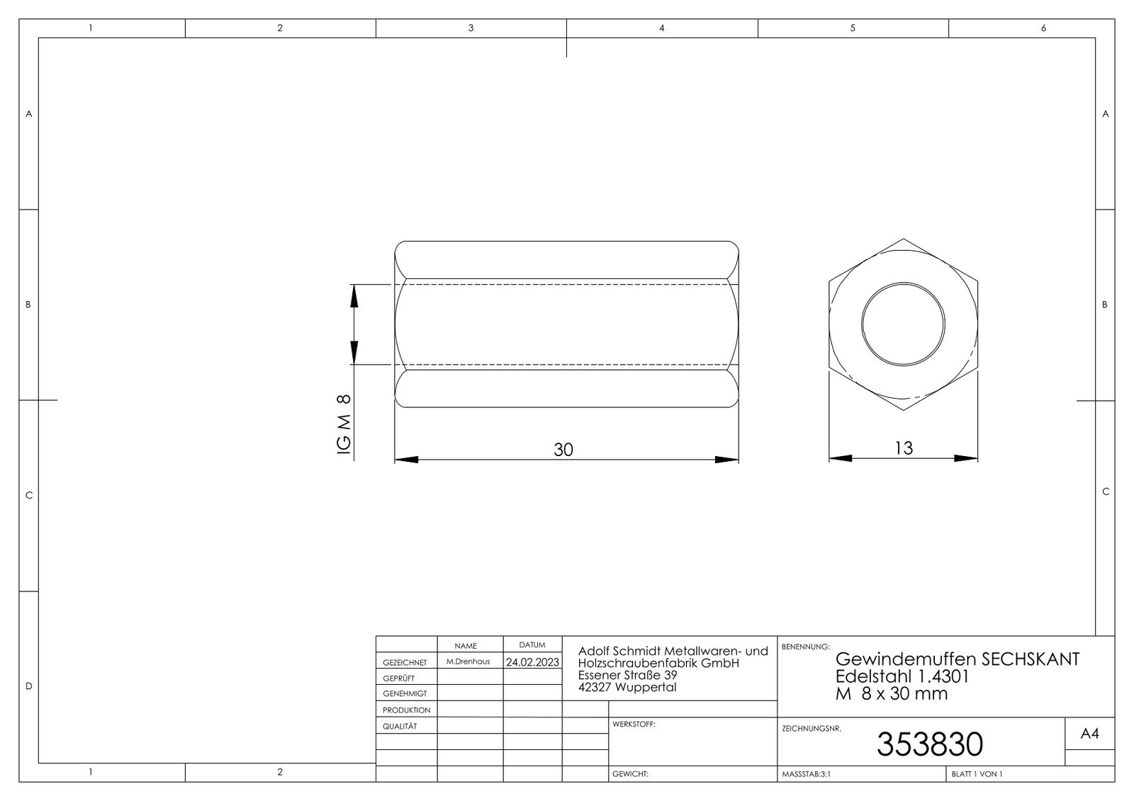ASW Sechskant-Gewindemuffe M 8 x 30 mm, Edelstahl 1.4301