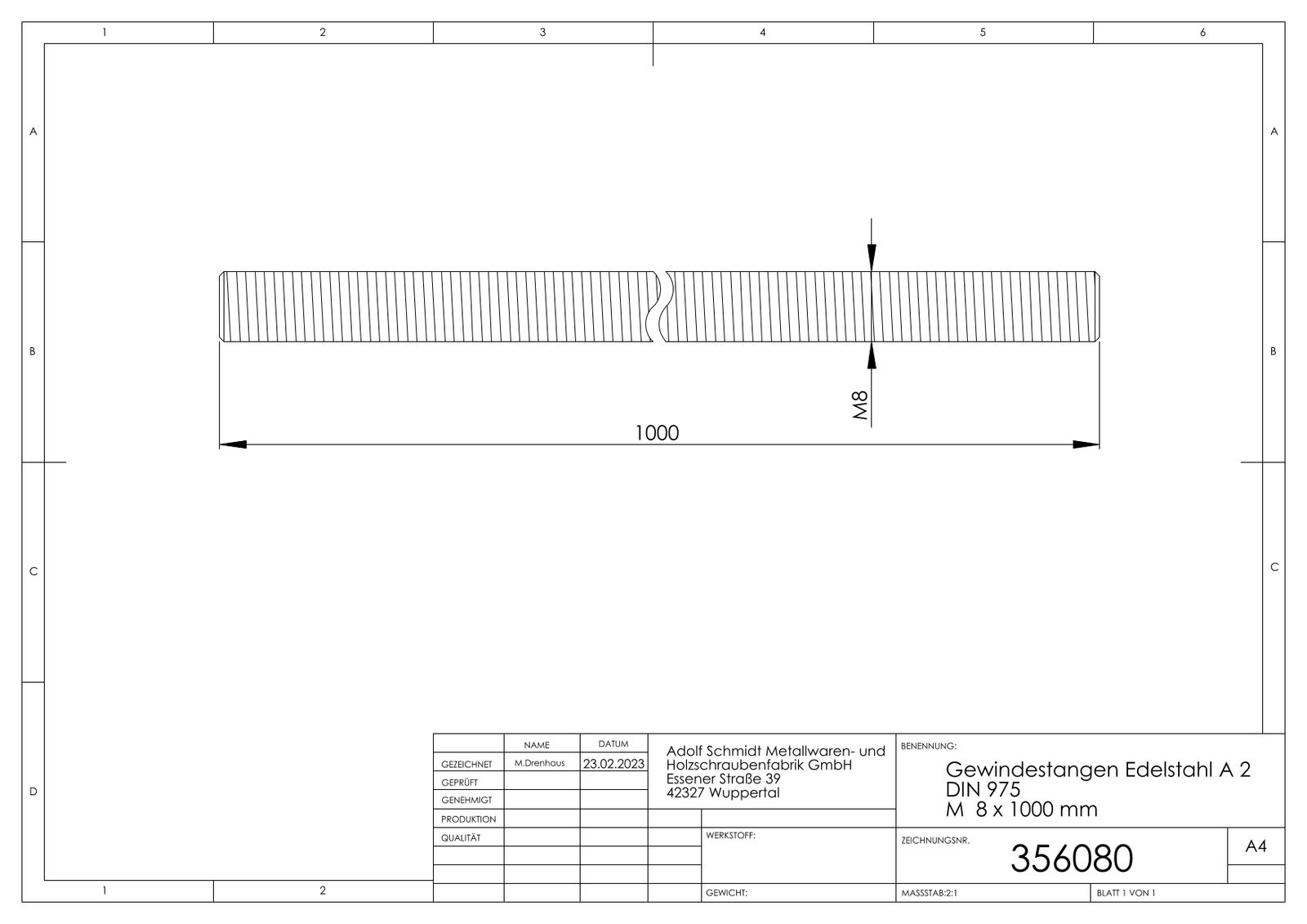 ASW Gewindestange M 8 x 1000 mm, Edelstahl 1.4301 DIN 975
