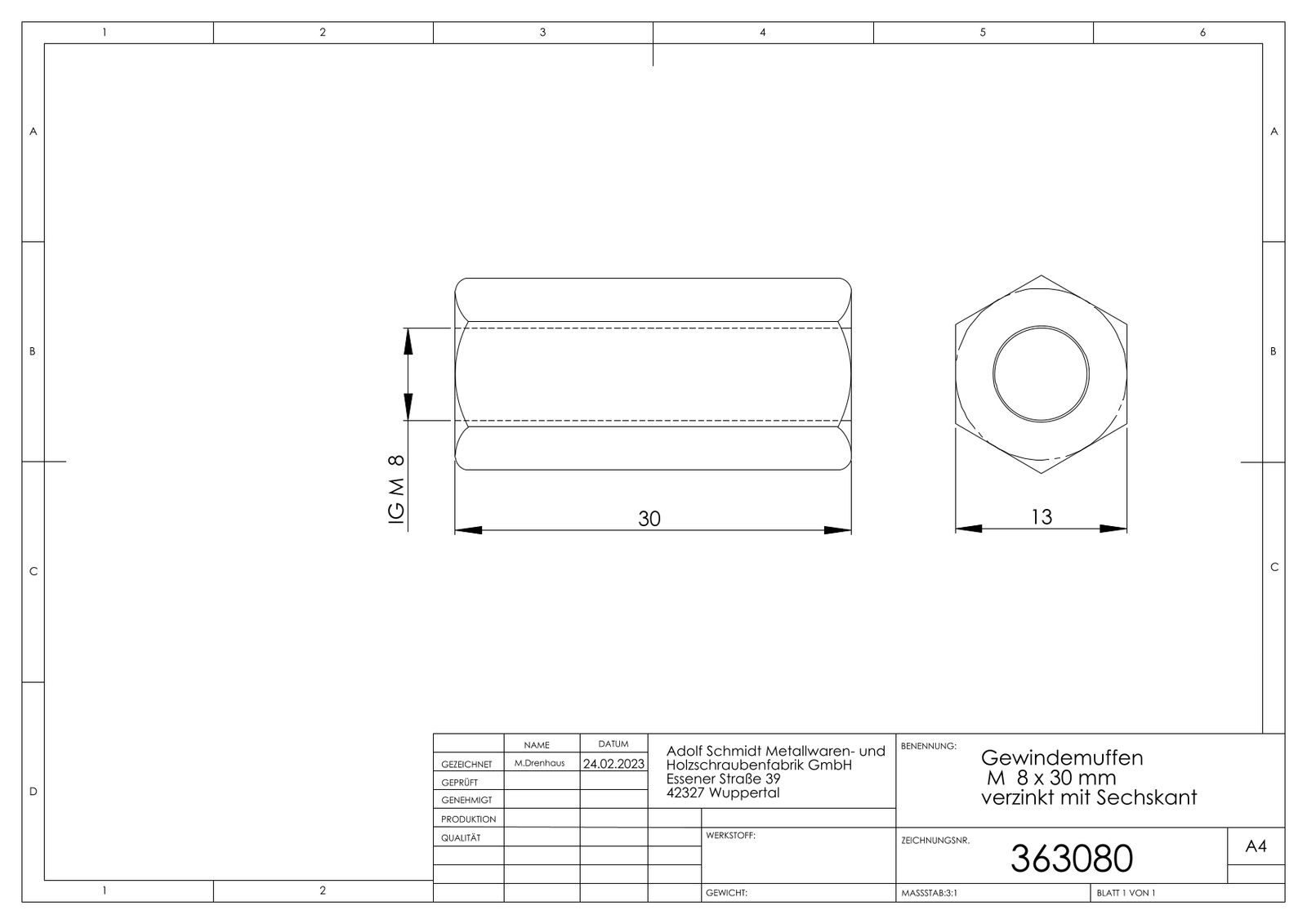 ASW Sechskant-Gewindemuffe M 8 x 30 mm, Stahl verzinkt, mit durchgehendem Gewinde
