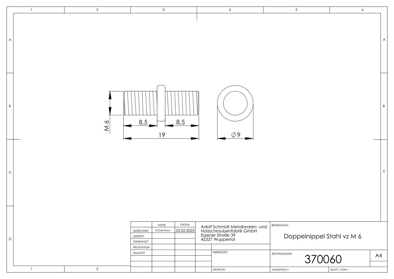 ASW Doppelnippel M 6, Stahl verzinkt