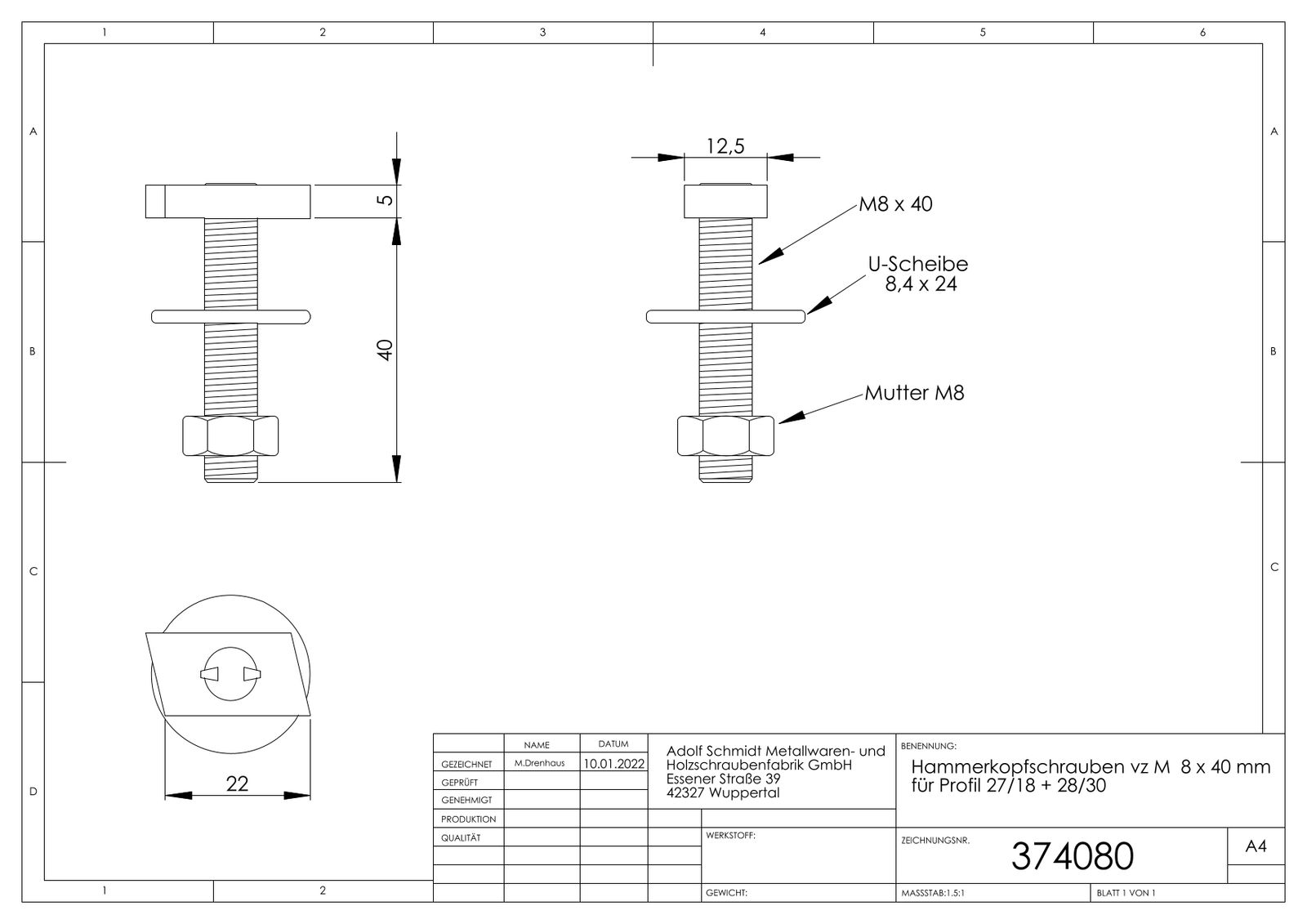 ASW Hammerkopfschraube Stahl verzinkt, für Profil 27/18 + 28/30, M 8 x 40 mm