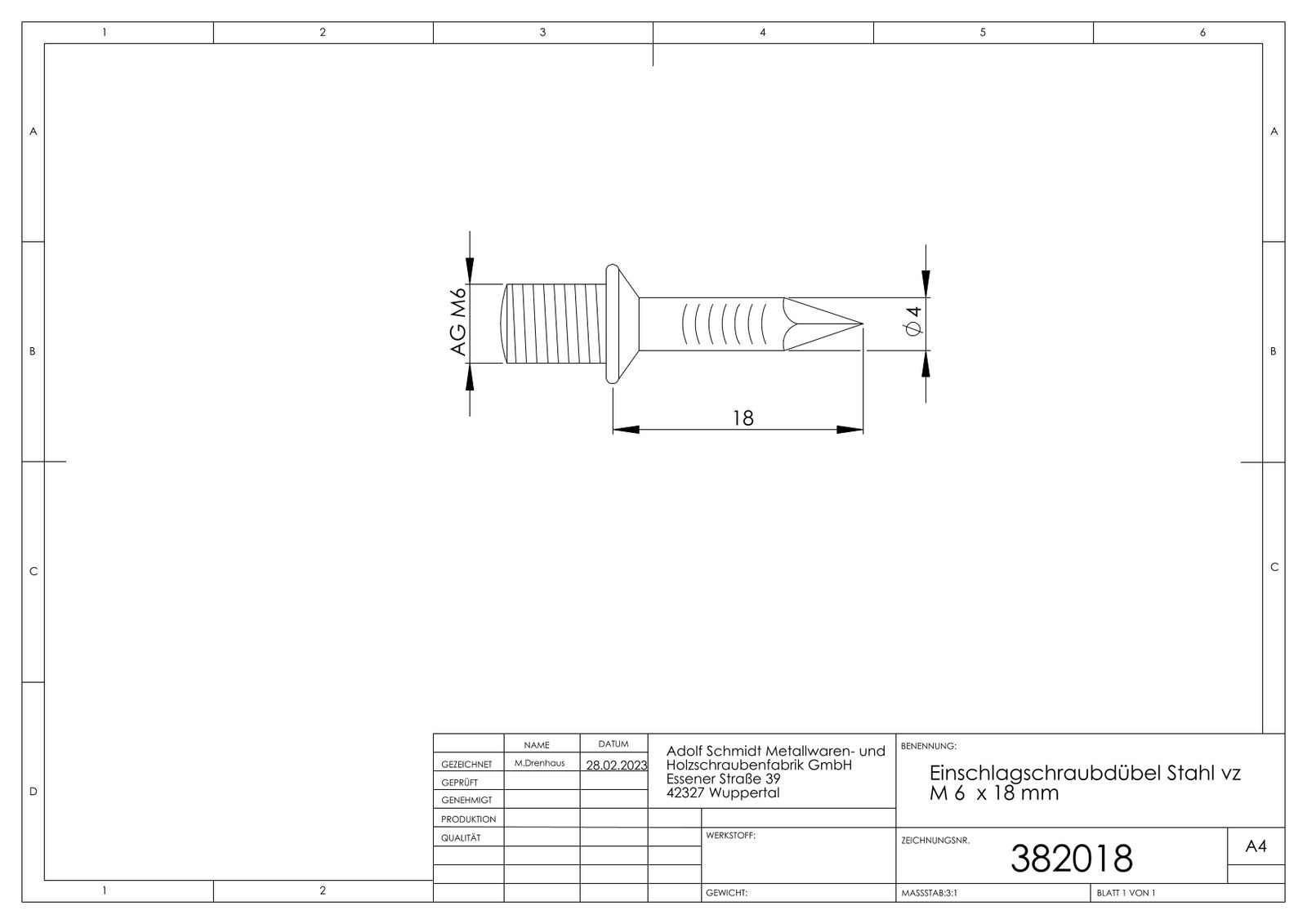 ASW Einschlagschraubdübel M 6 x 18 mm, Stahl verzinkt, mit Außengewinde