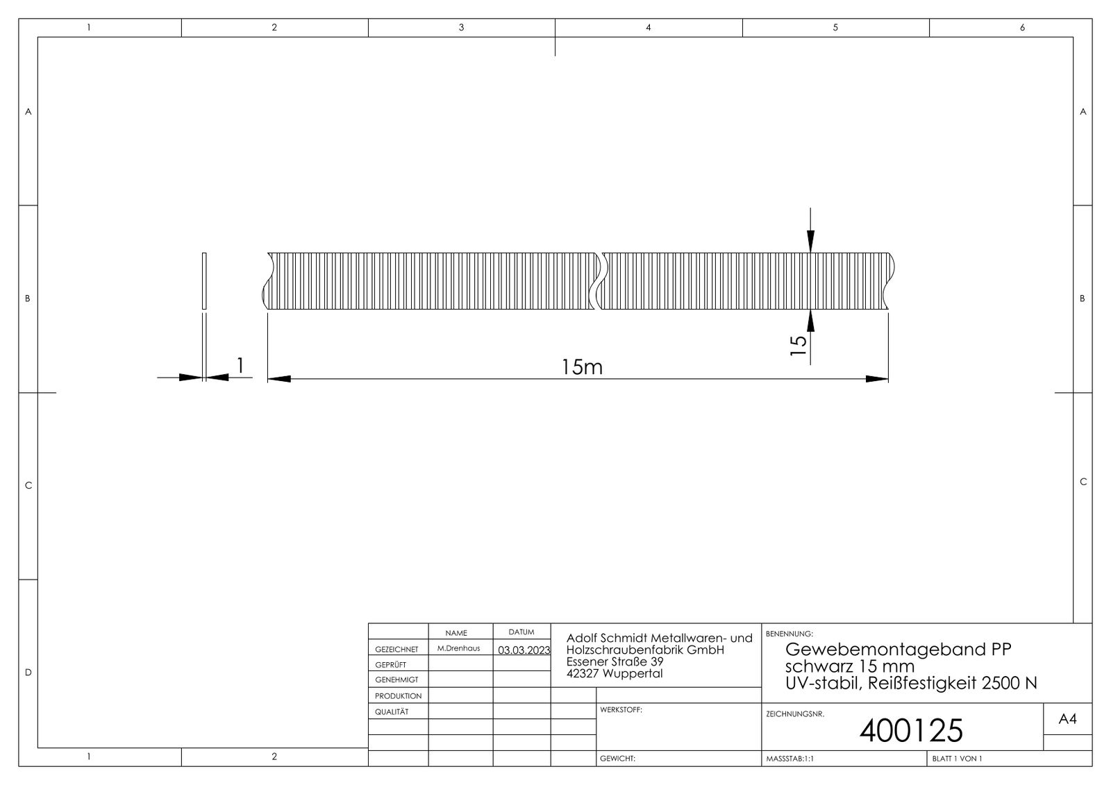 ASW Gewebemontageband 15 mm, Reißfestigkeit 2500 N