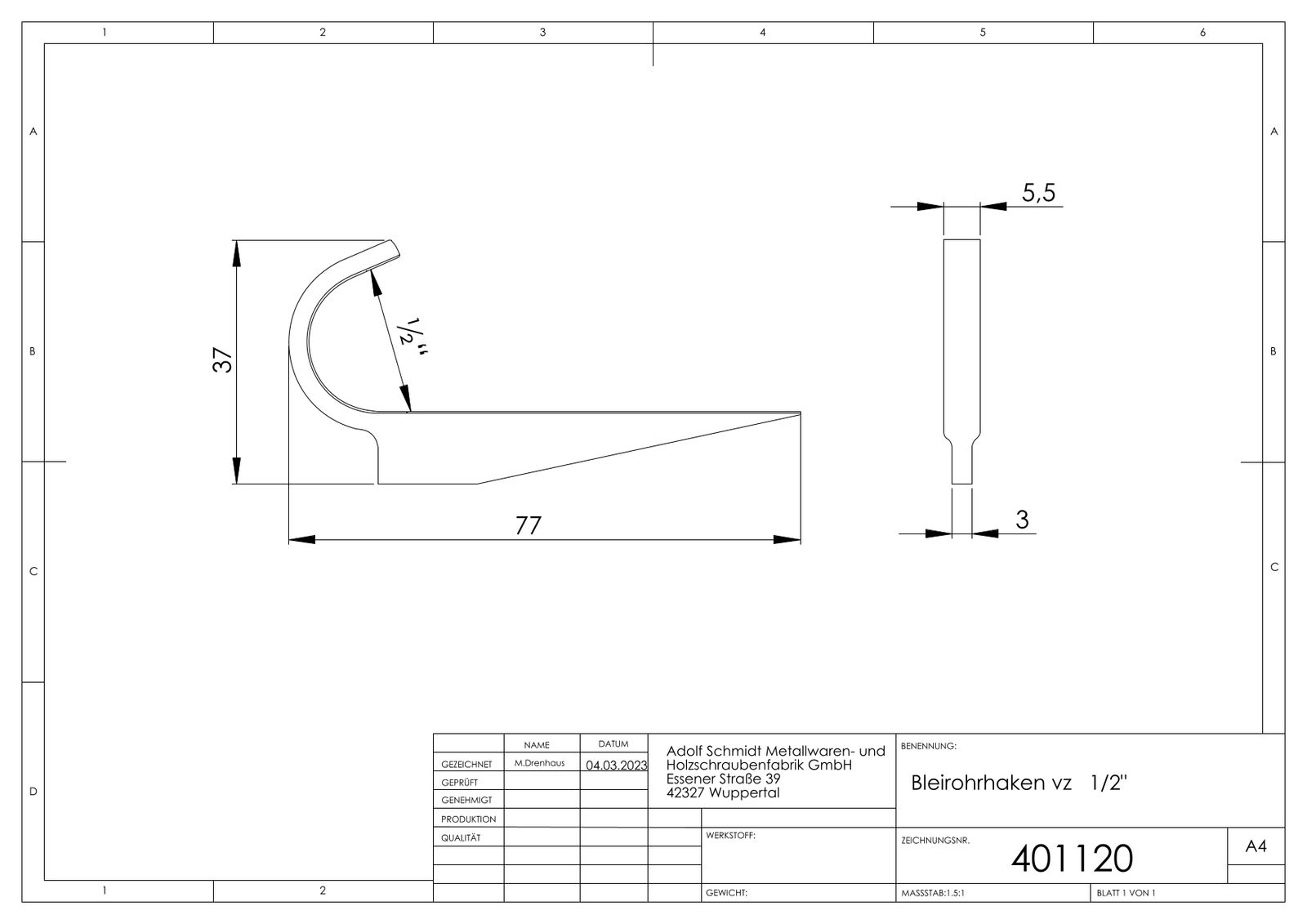 ASW Bleirohrhaken 1/2", Eisen verzinkt, mit geschmiedetem flachen Blatt