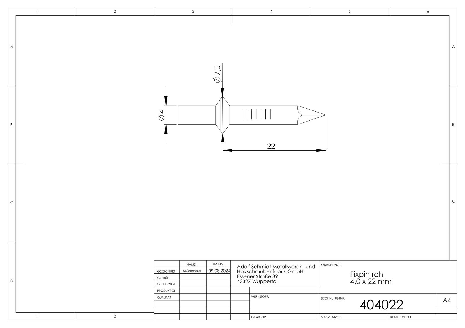 ASW Fixpin 4,0 mm x 22 mm, Stahl roh, direkt in den Rohbeton