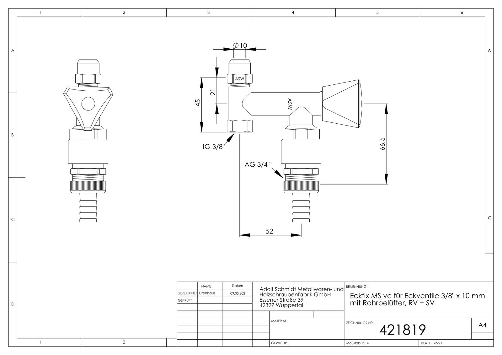ASW Eckfix 3/8" x 3/4" x 10 mm, Messing verchromt, mit Rohrbelüfter, Rückflussverhinderer/Schlauchverschraubung, für Eckventil