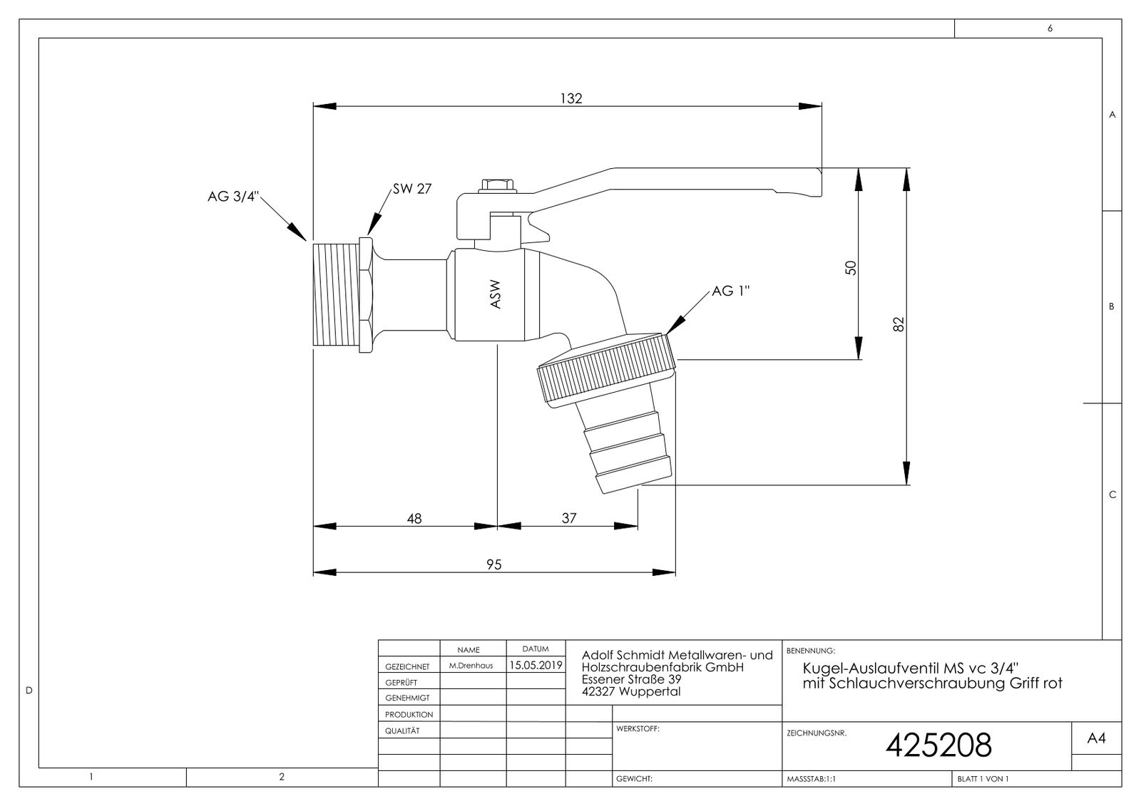 ASW Kugel-Auslaufventil 3/4", Griff rot, Messing CW617N matt verchromt, mit Schlauchverschraubung