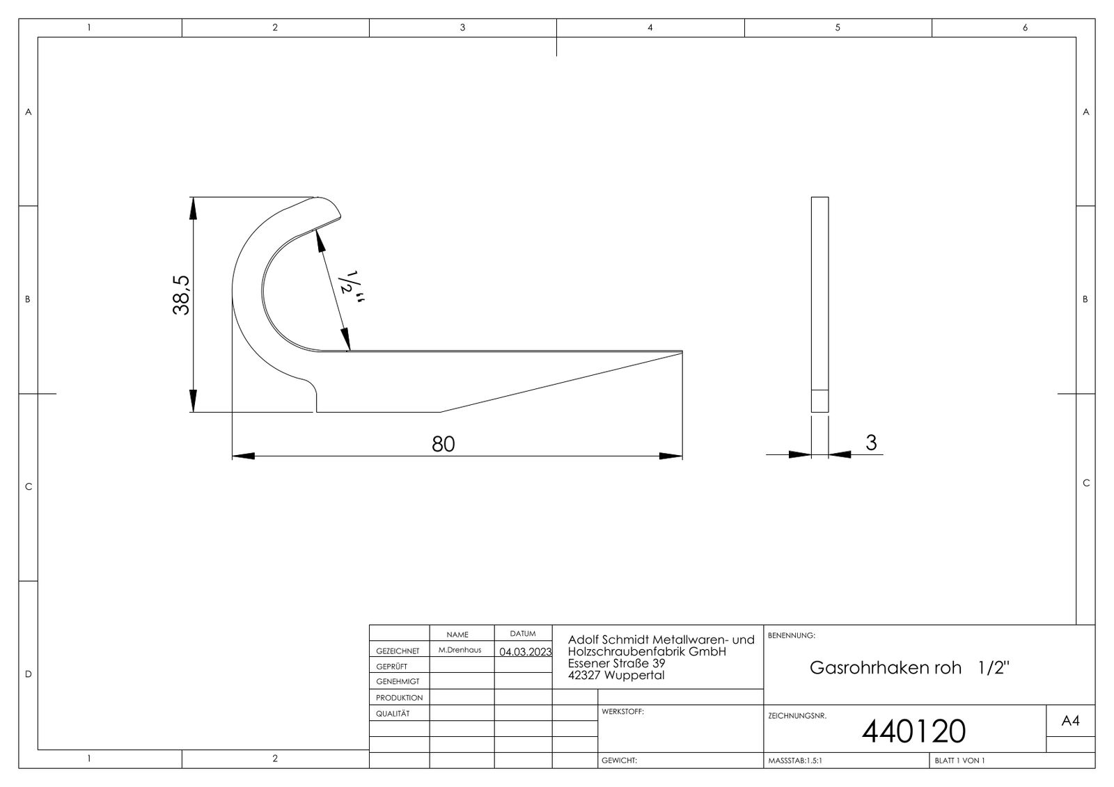ASW Gasrohrhaken 1/2", Eisen roh
