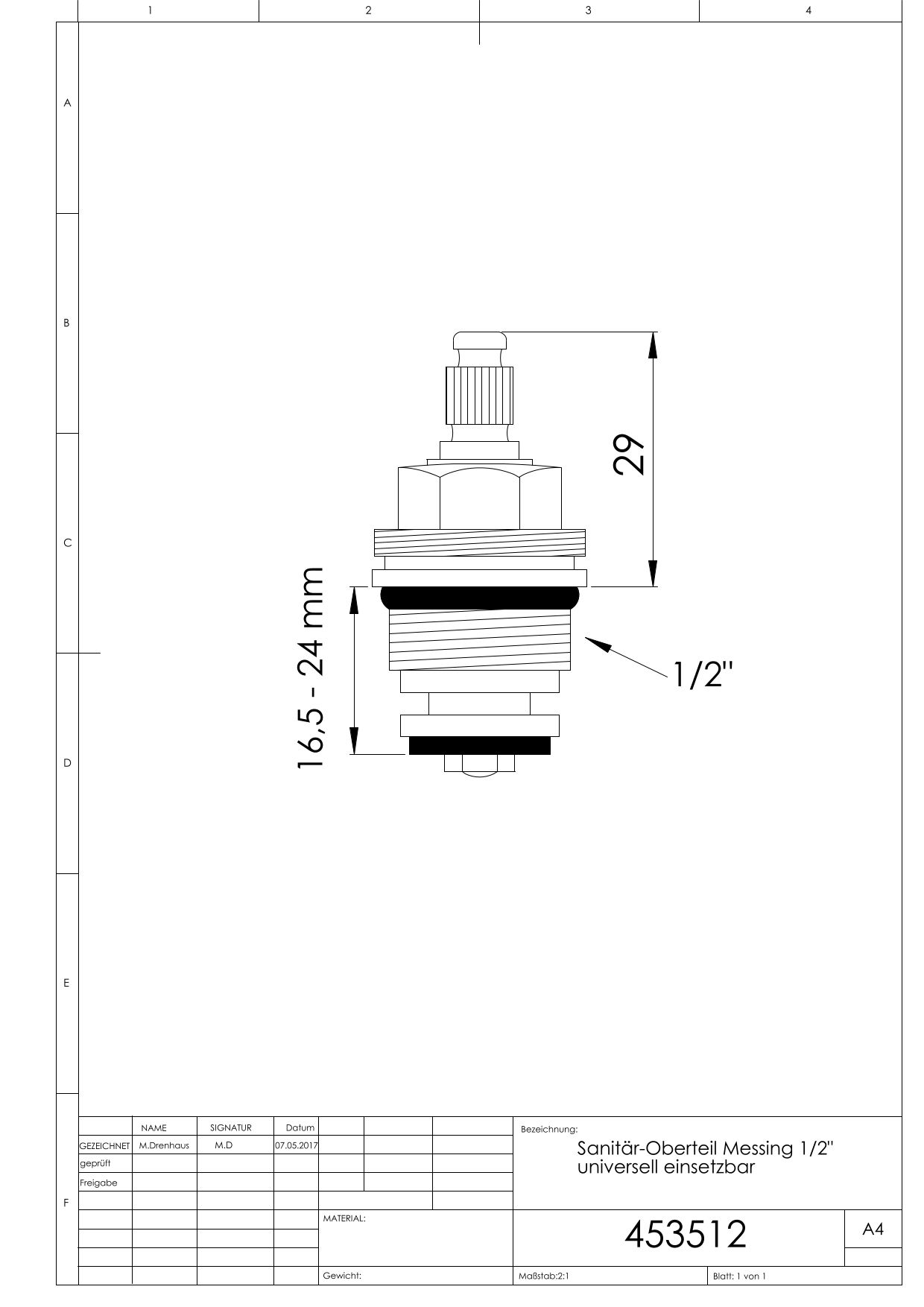 ASW Sanitär-Oberteil 1/2", Messing, universell einsetzbar