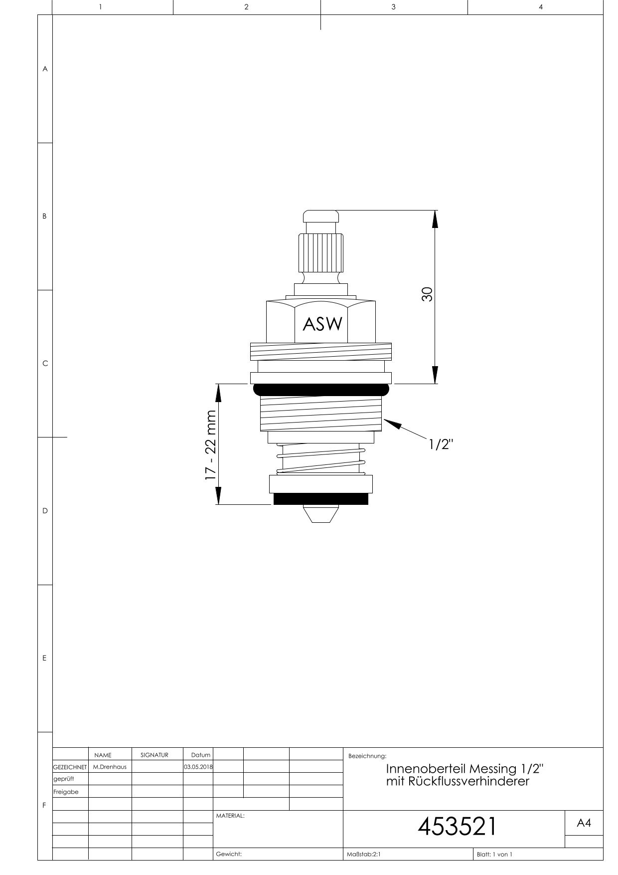 ASW Sanitär-Oberteil 1/2", Messing, mit Rückflussverhinderer