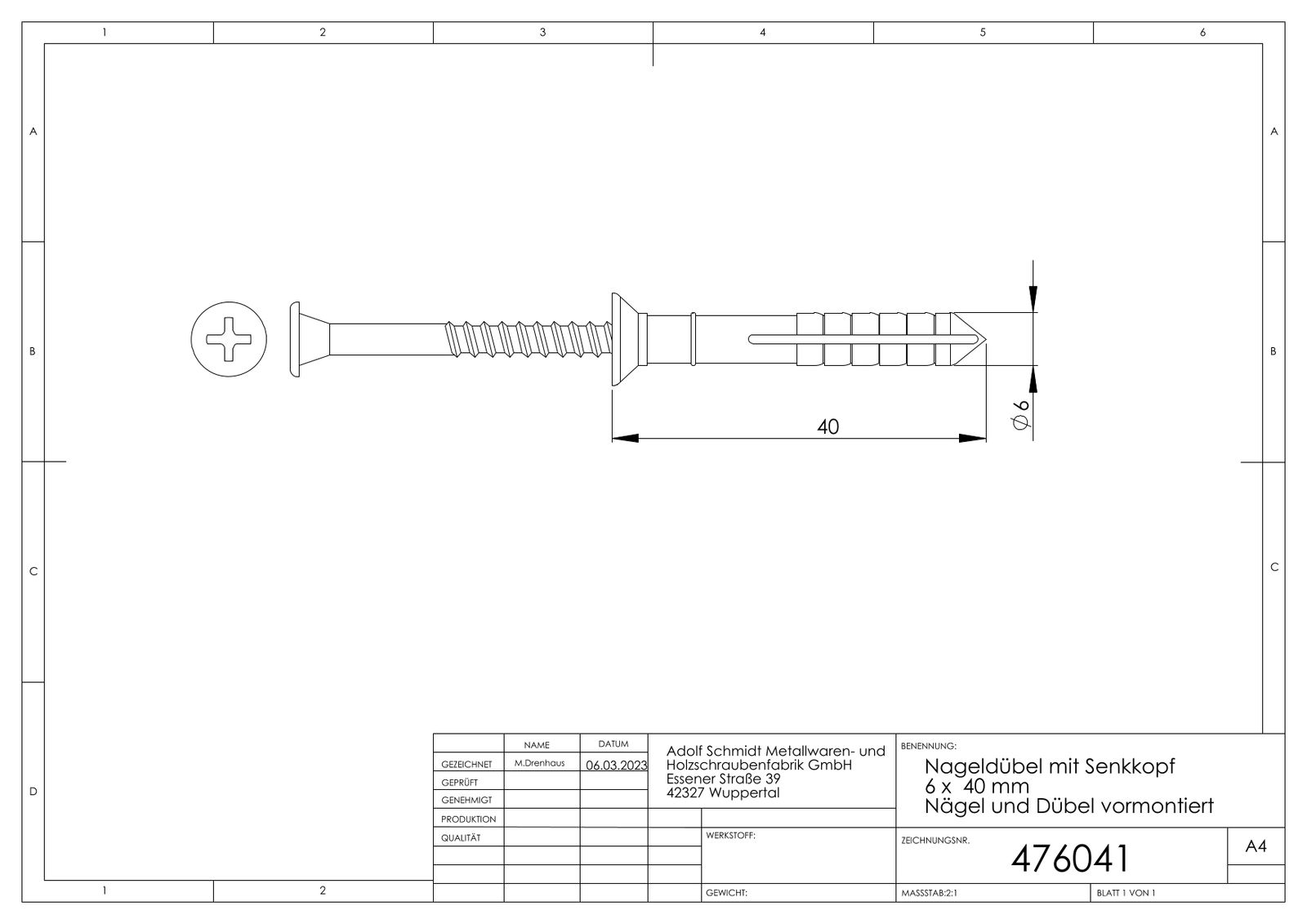 ASW Nageldübel 6,0 mm x 40 mm, verzinkt, mit Senkkopf