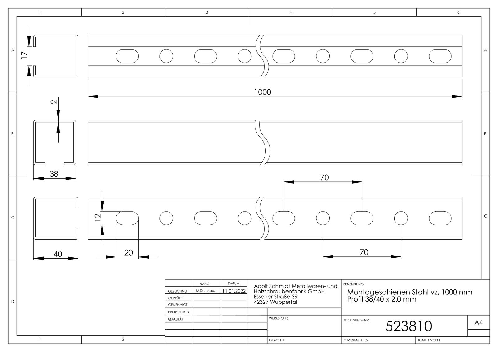 ASW Montageschiene 1000 mm, Profil 38/40 x 2.0 mm, Stahl verzinkt