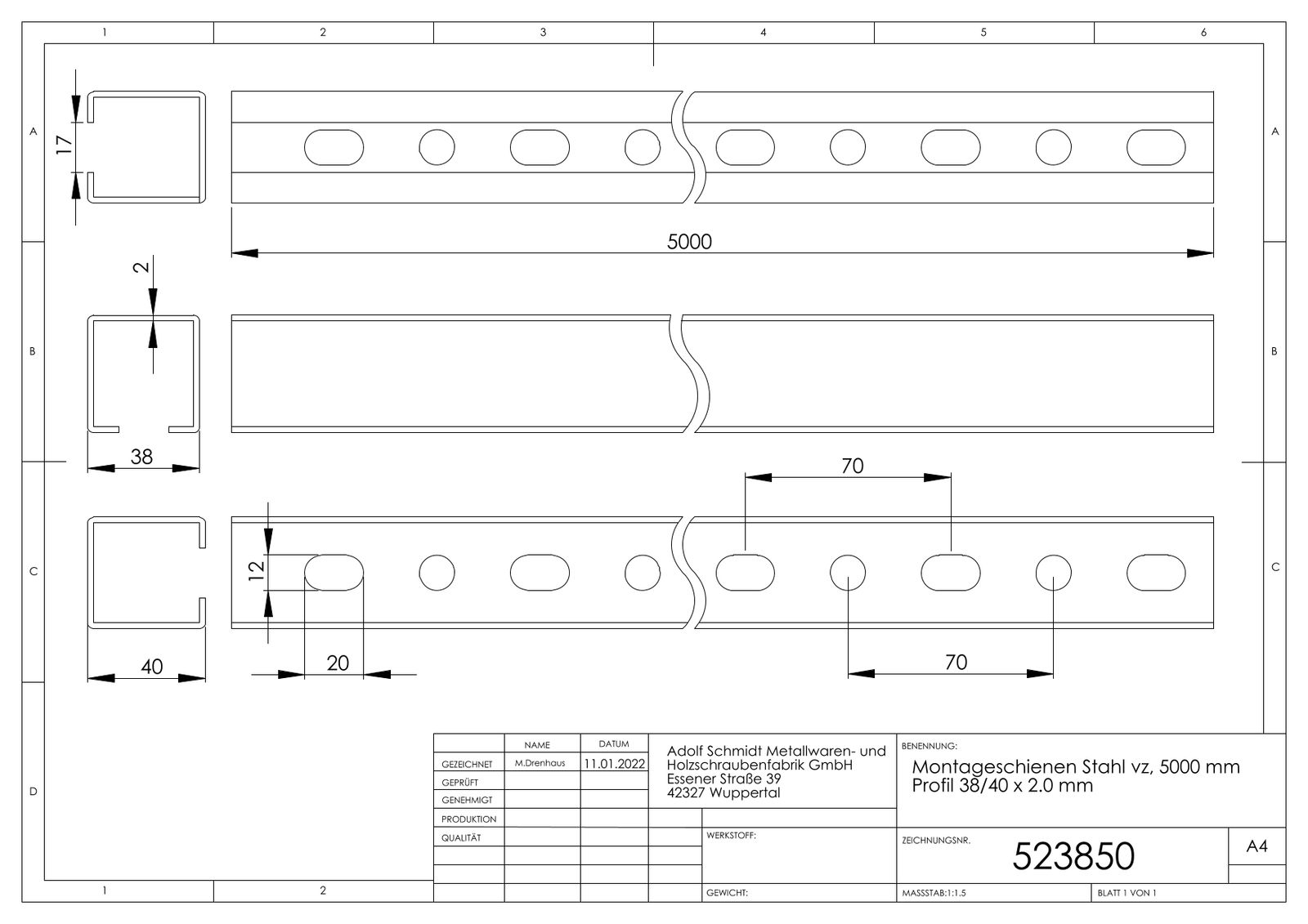 ASW Montageschiene 5000 mm, Profil 38/40 x 2.0 mm, Stahl verzinkt