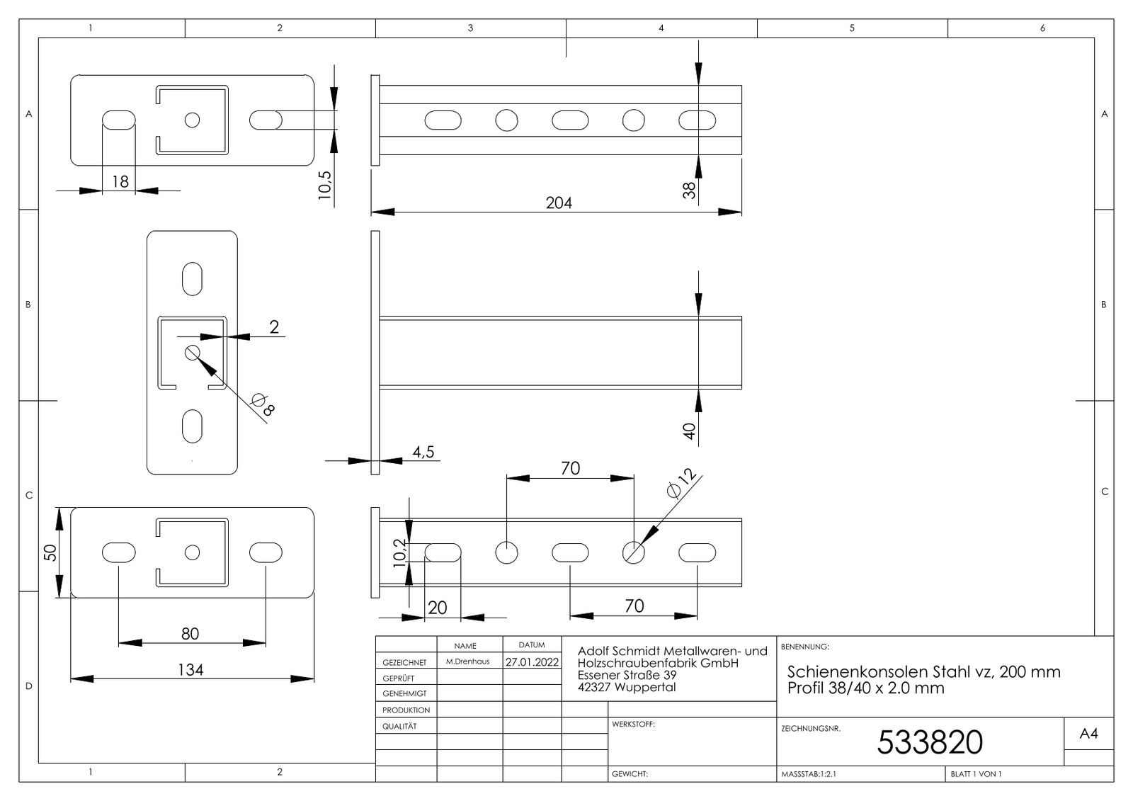 ASW Schienenkonsole 200 mm, Profil 38/40 x 2.0 mm, Stahl verzinkt
