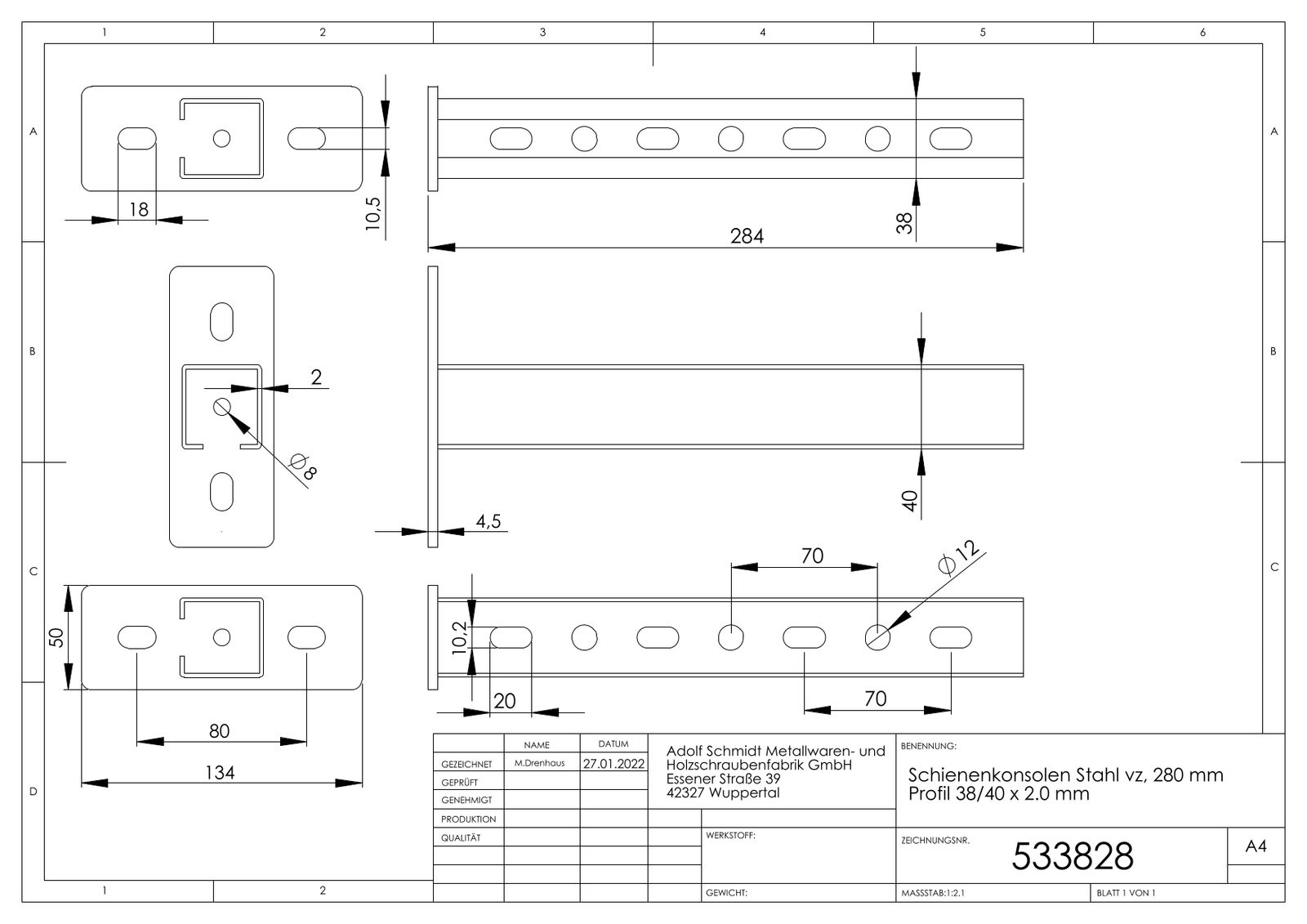 ASW Schienenkonsole 280 mm, Profil 38/40 x 2.0 mm, Stahl verzinkt
