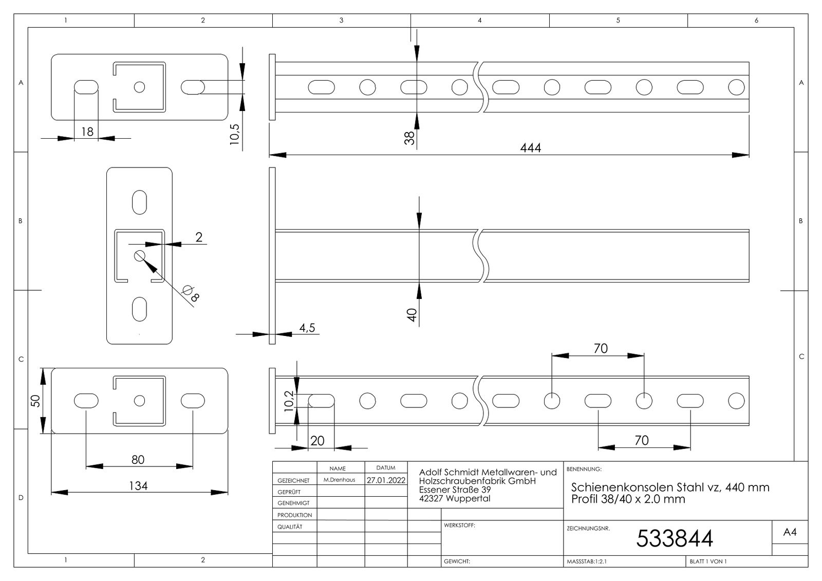ASW Schienenkonsole 440 mm, Profil 38/40 x 2.0 mm, Stahl verzinkt