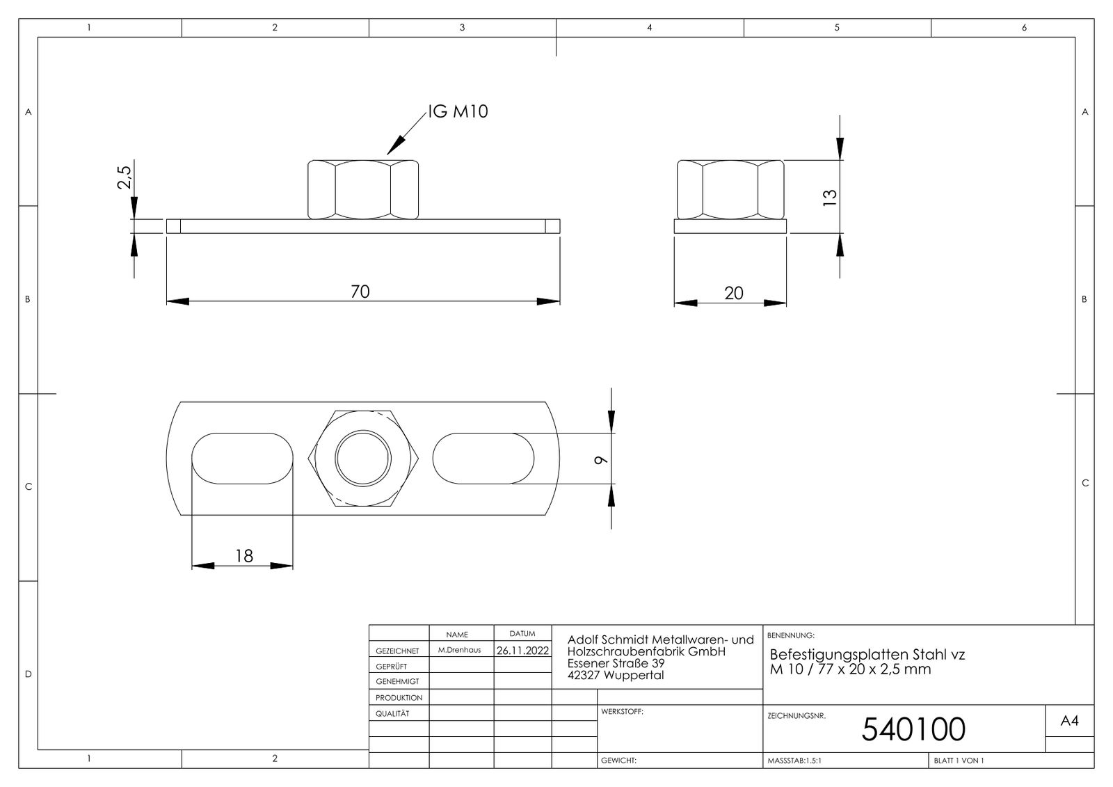 ASW Befestigungsplatte 77 x 25 x 2 mm, M10, Stahl verzinkt