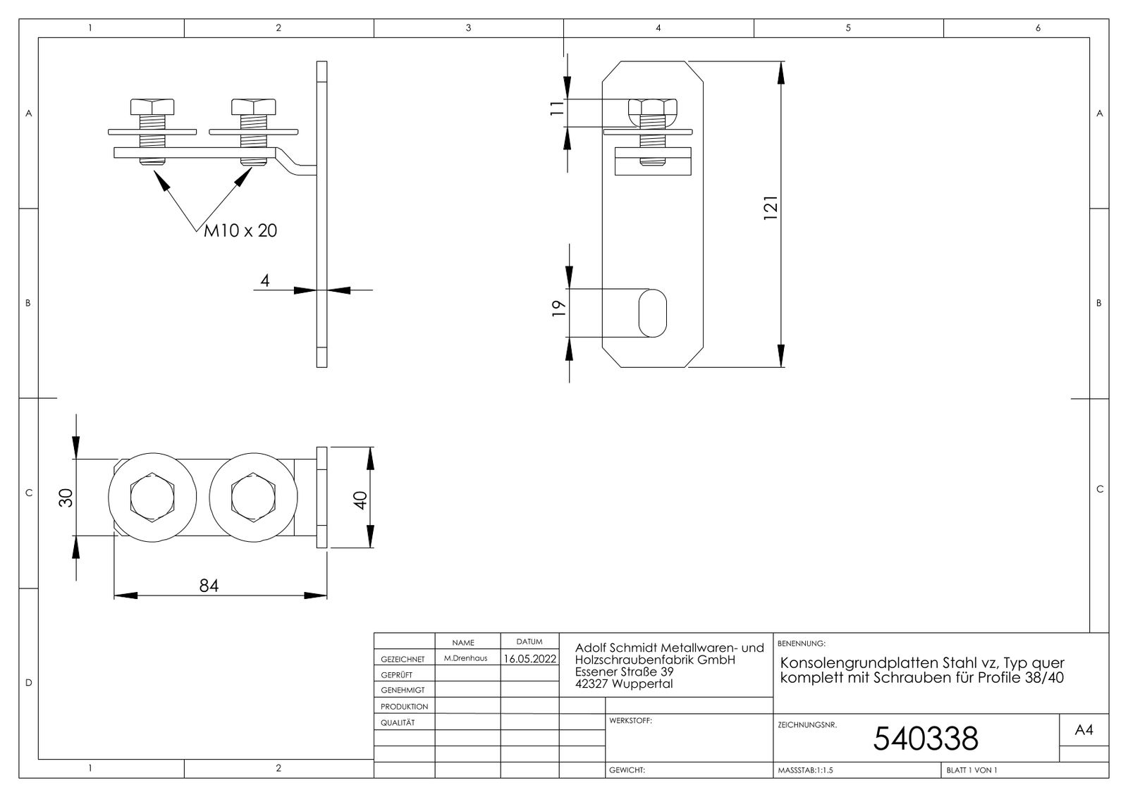 ASW Konsolengrundplatte Stahl verzinkt, mit Schrauben, für Profil 38/40, quer