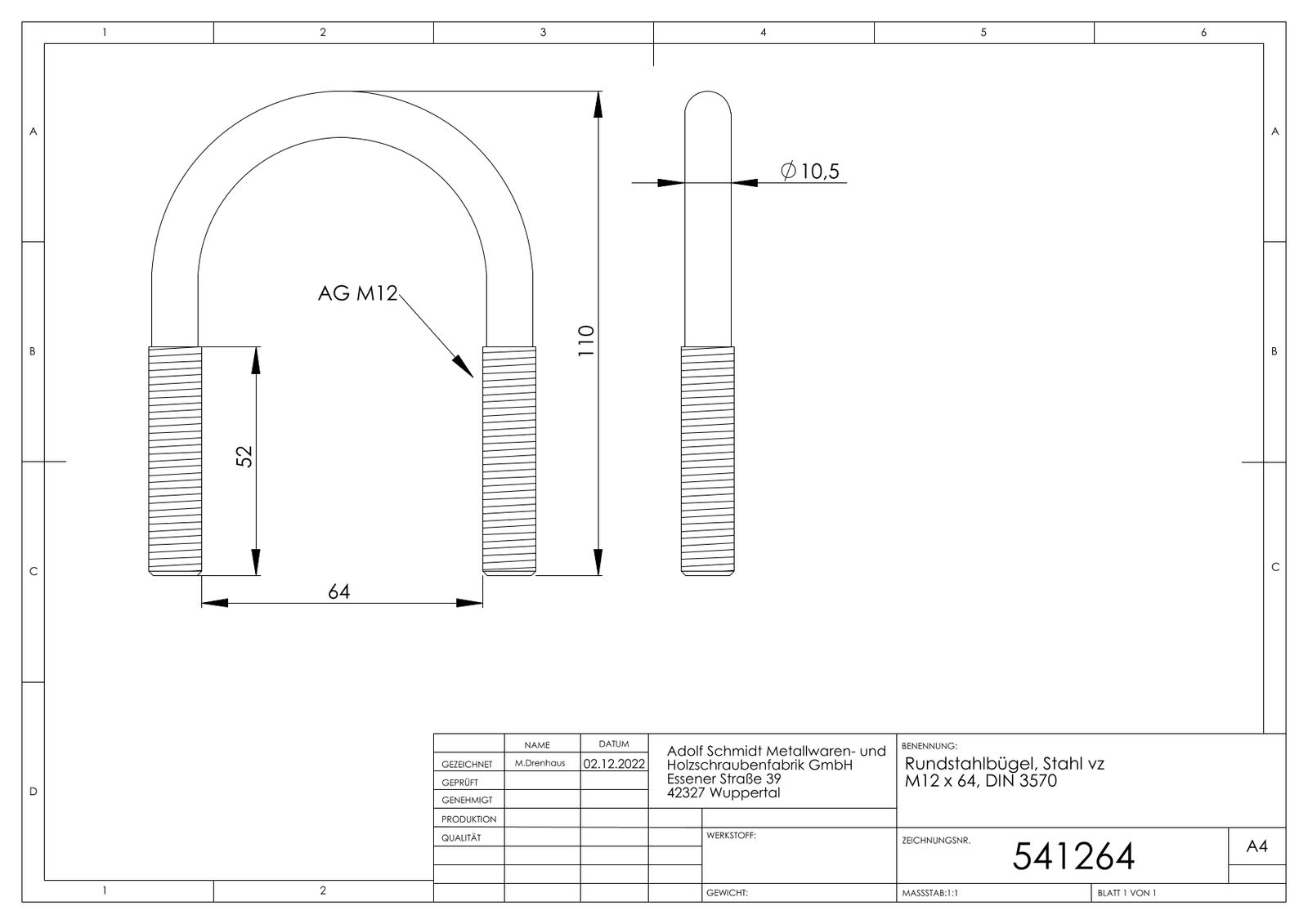 ASW Rundbügel M 12 x 64 mm, Stahl verzinkt
