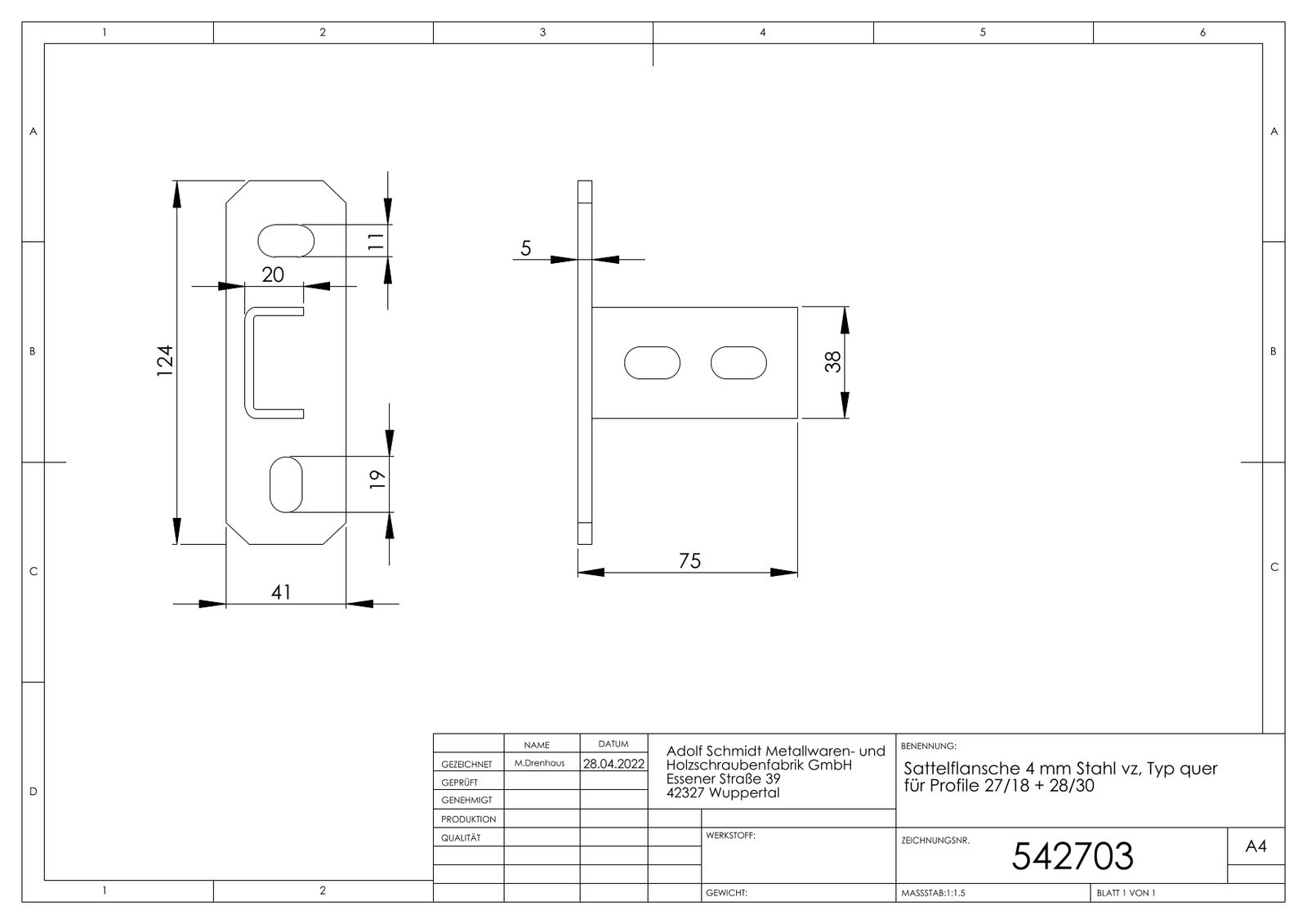 ASW Sattelflansch Stahl verzinkt, 4mm, für Profil 27/18 + 28/30, quer