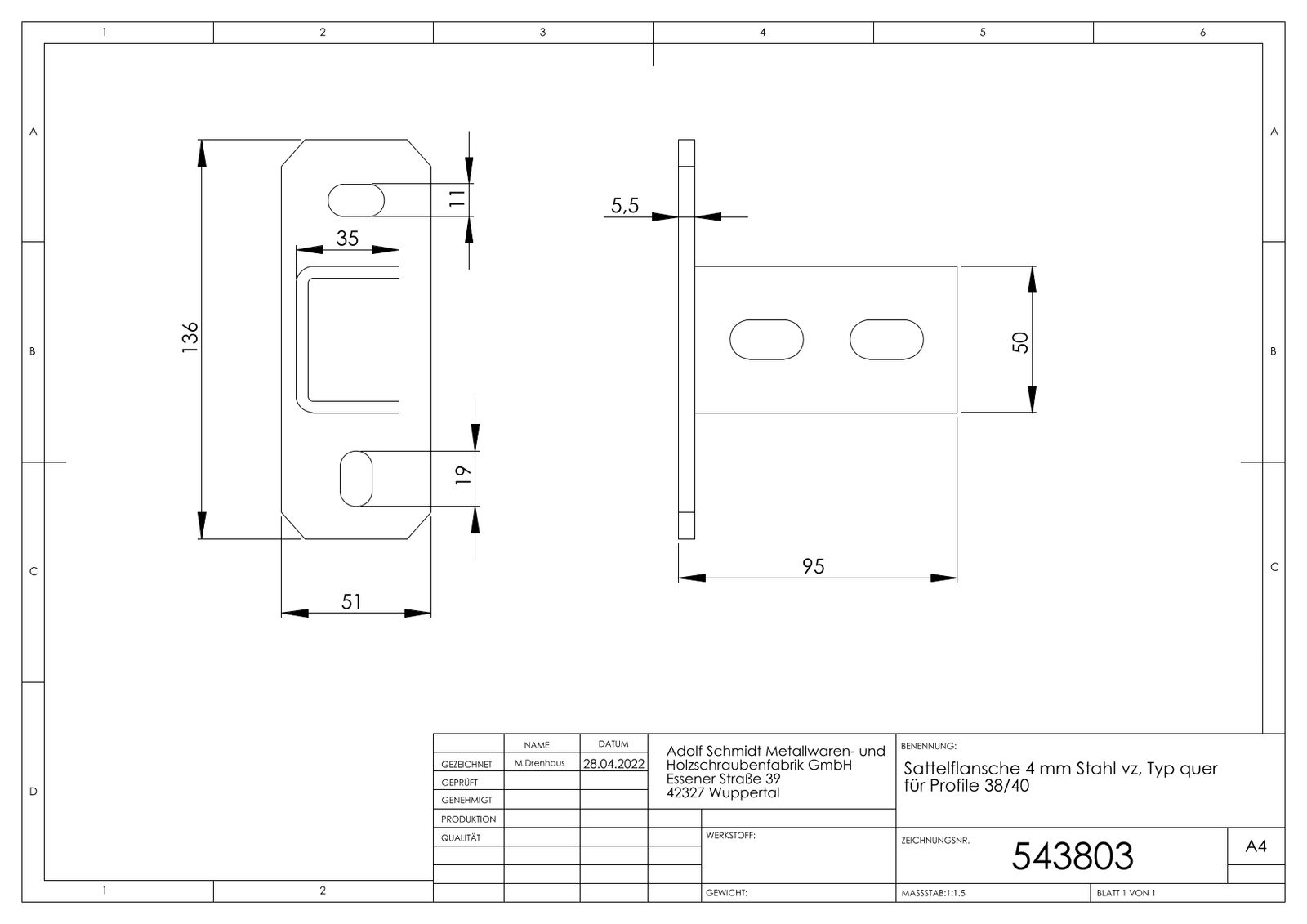 ASW Sattelflansch Stahl verzinkt, 4mm, für Profil 38/40, quer