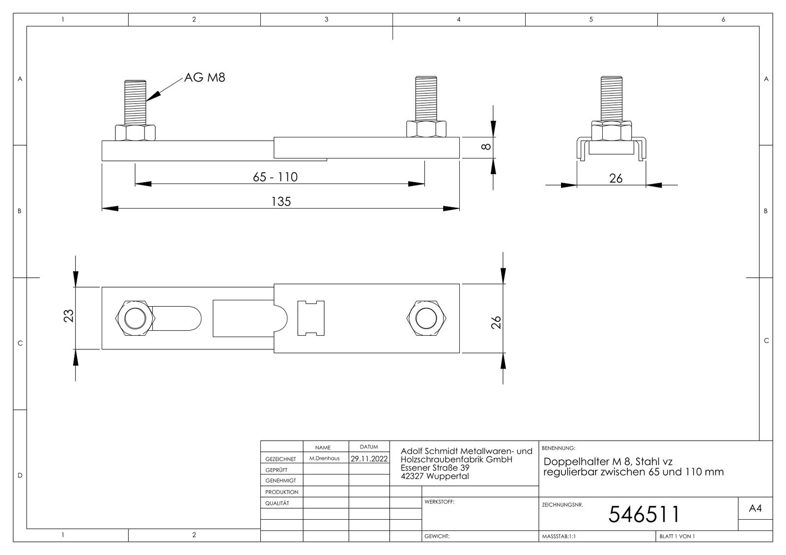 ASW Doppelhalter M 8, Stahl verzinkt, Verstellbereich 65-110 mm