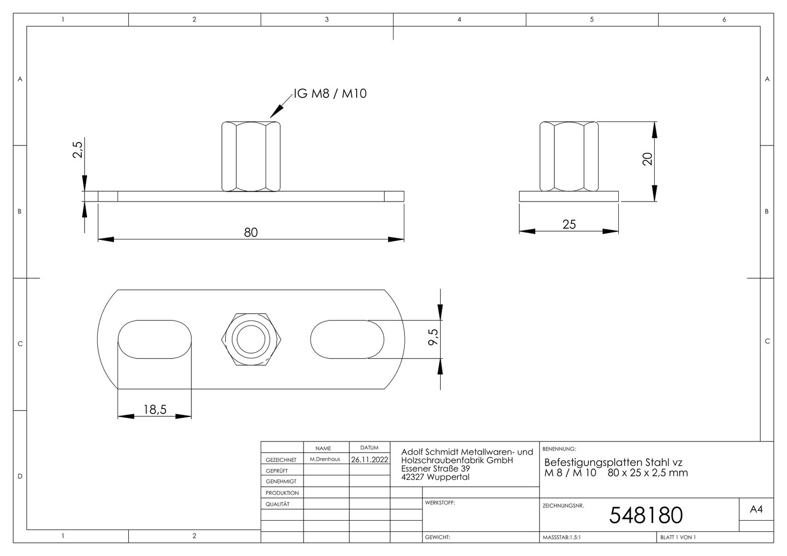 ASW Befestigungsplatte 80 x 30 x 3 mm, M8/M10, Stahl verzinkt