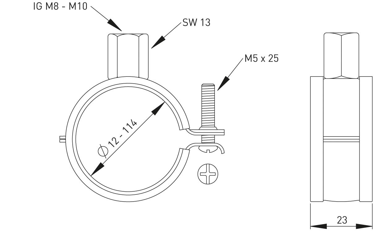 ASW Einhand-Schraubrohrschelle Spannbereich 48-53 mm, M 8/M 10, mit Einlage