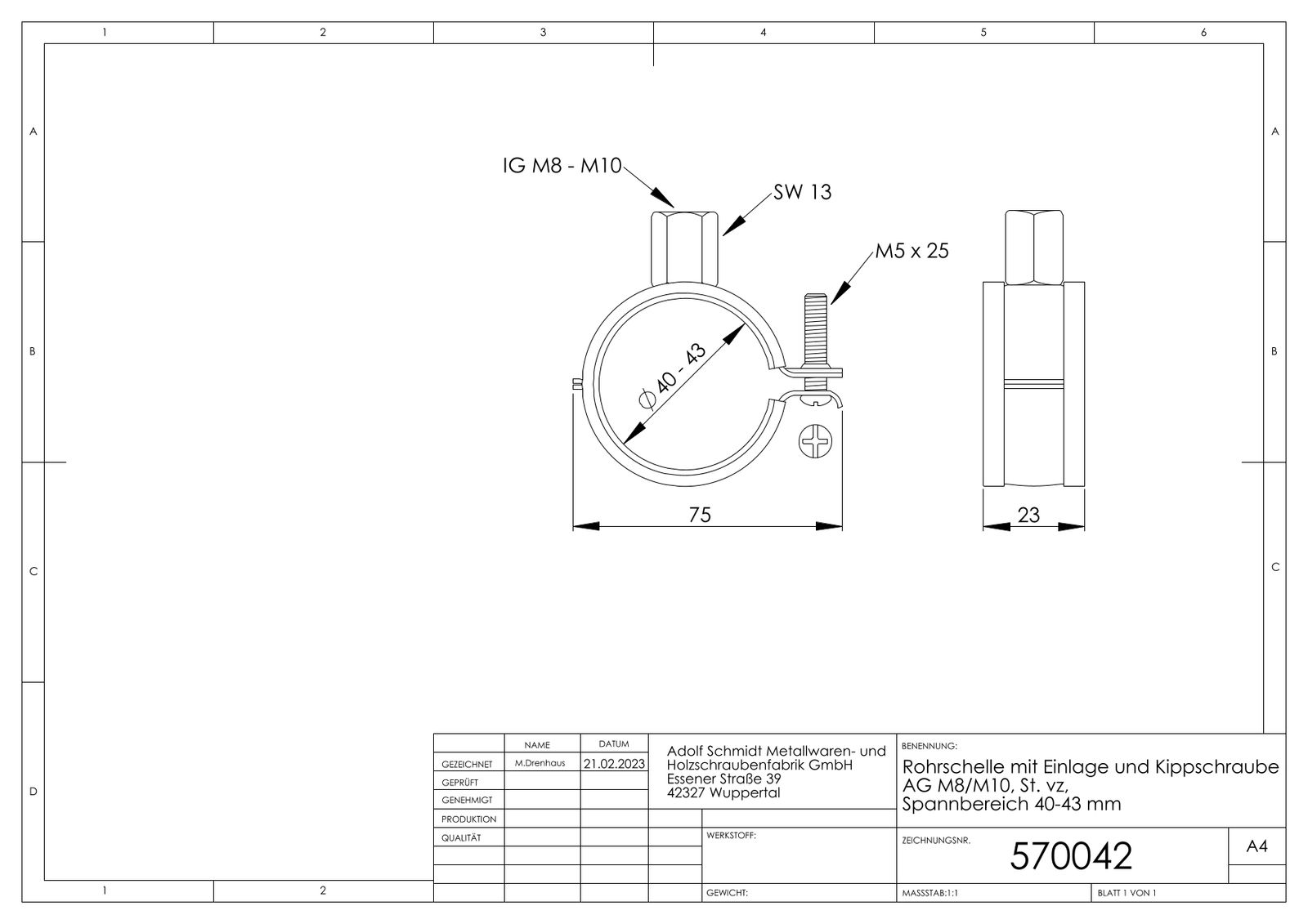 ASW Einhand-Schraubrohrschelle Spannbereich 40-43 mm, M 8/M 10, mit Einlage