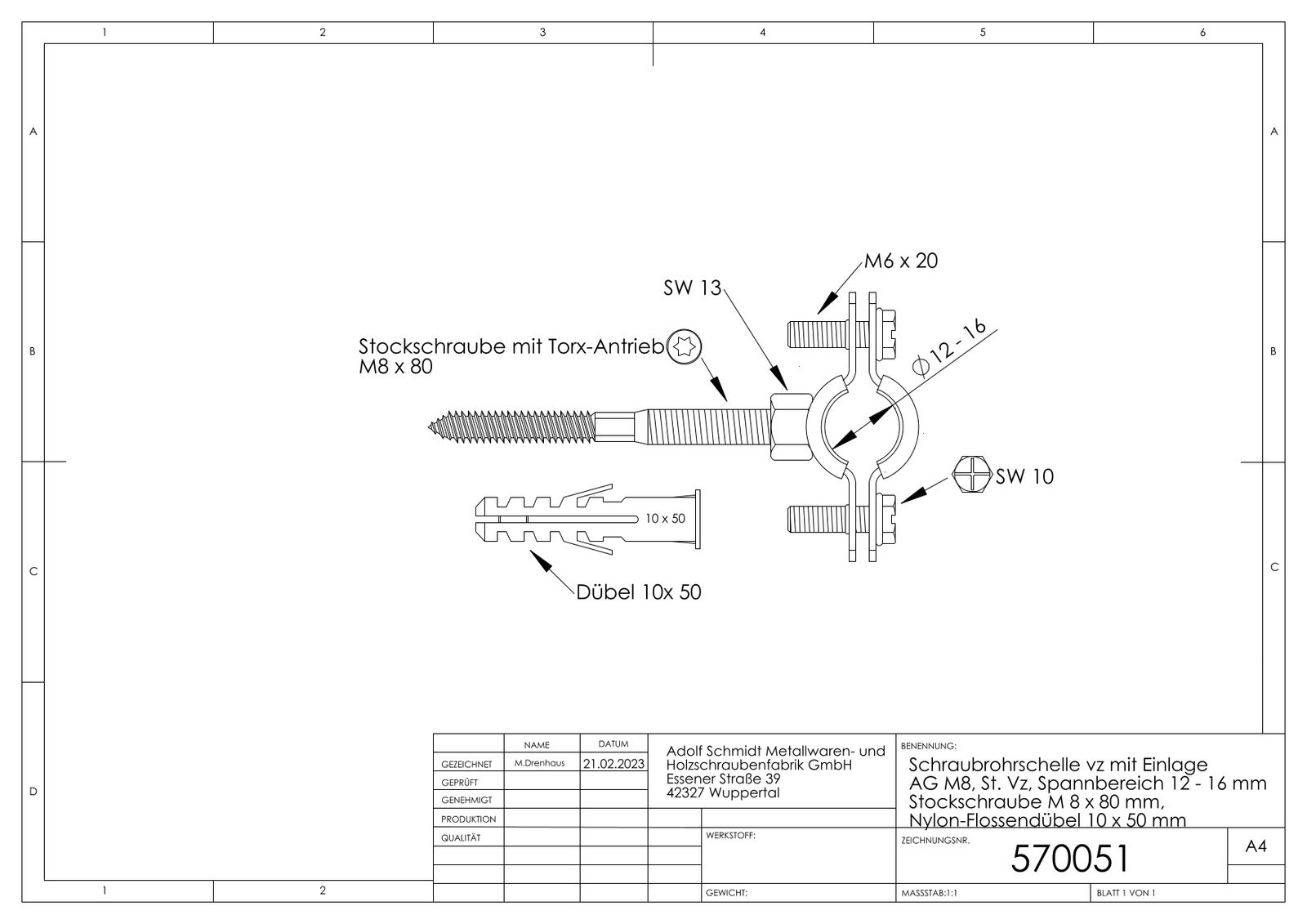 ASW Schraubrohrschelle Spannbereich 15-19 mm M 8, mit Schallschutzeinlage
