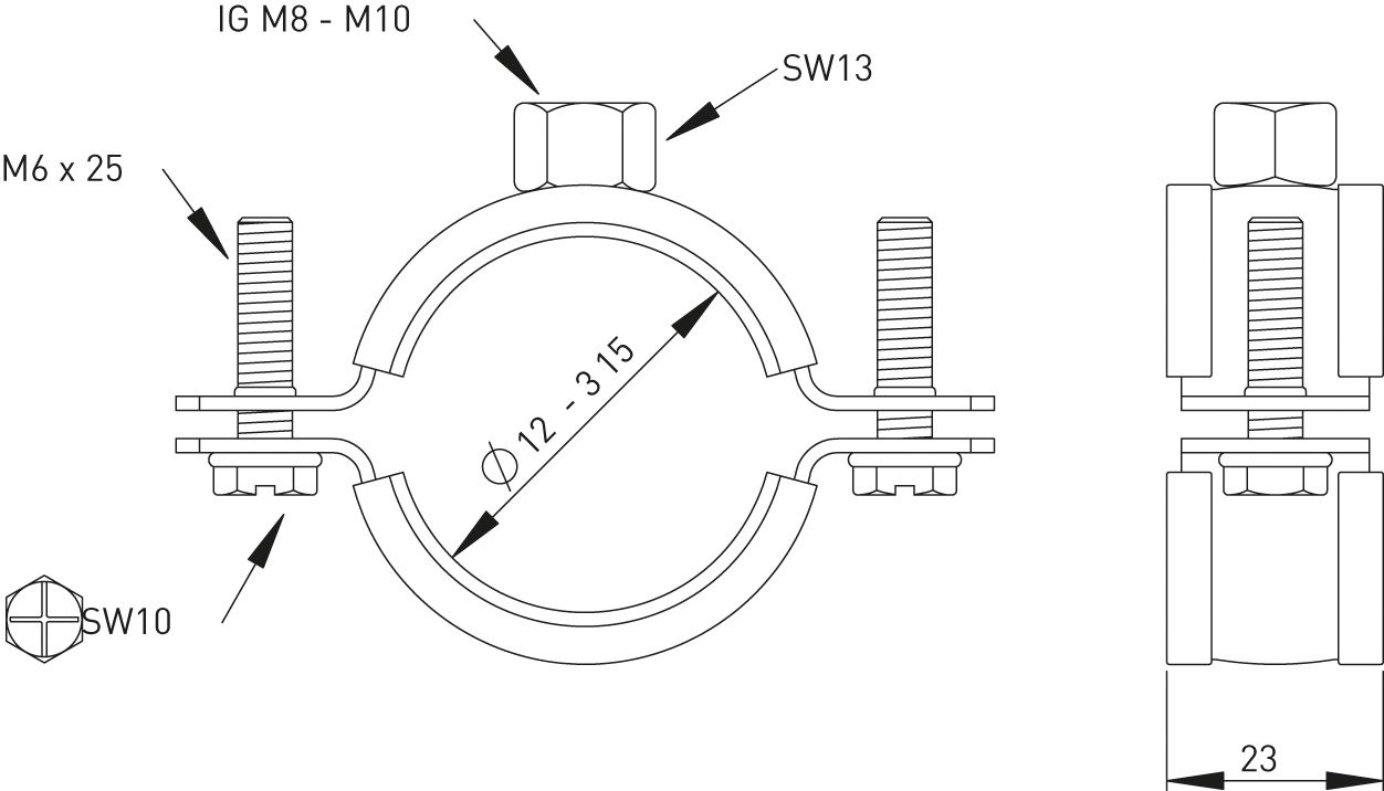 ASW Schraubrohrschelle Spannbereich 137-142 mm M 8/M 10, mit Schallschutzeinlage