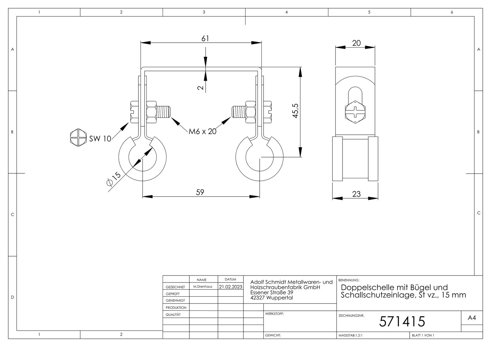 ASW Doppelschelle 15 mm, verzinkt, mit Bügel und Schallschutzeinlage
