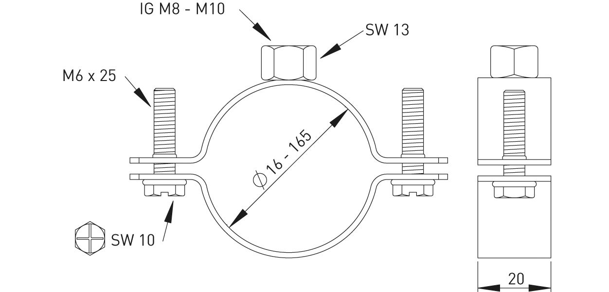 ASW Schraubrohrschelle Spannbereich 16-19 mm M 8, ohne Einlage