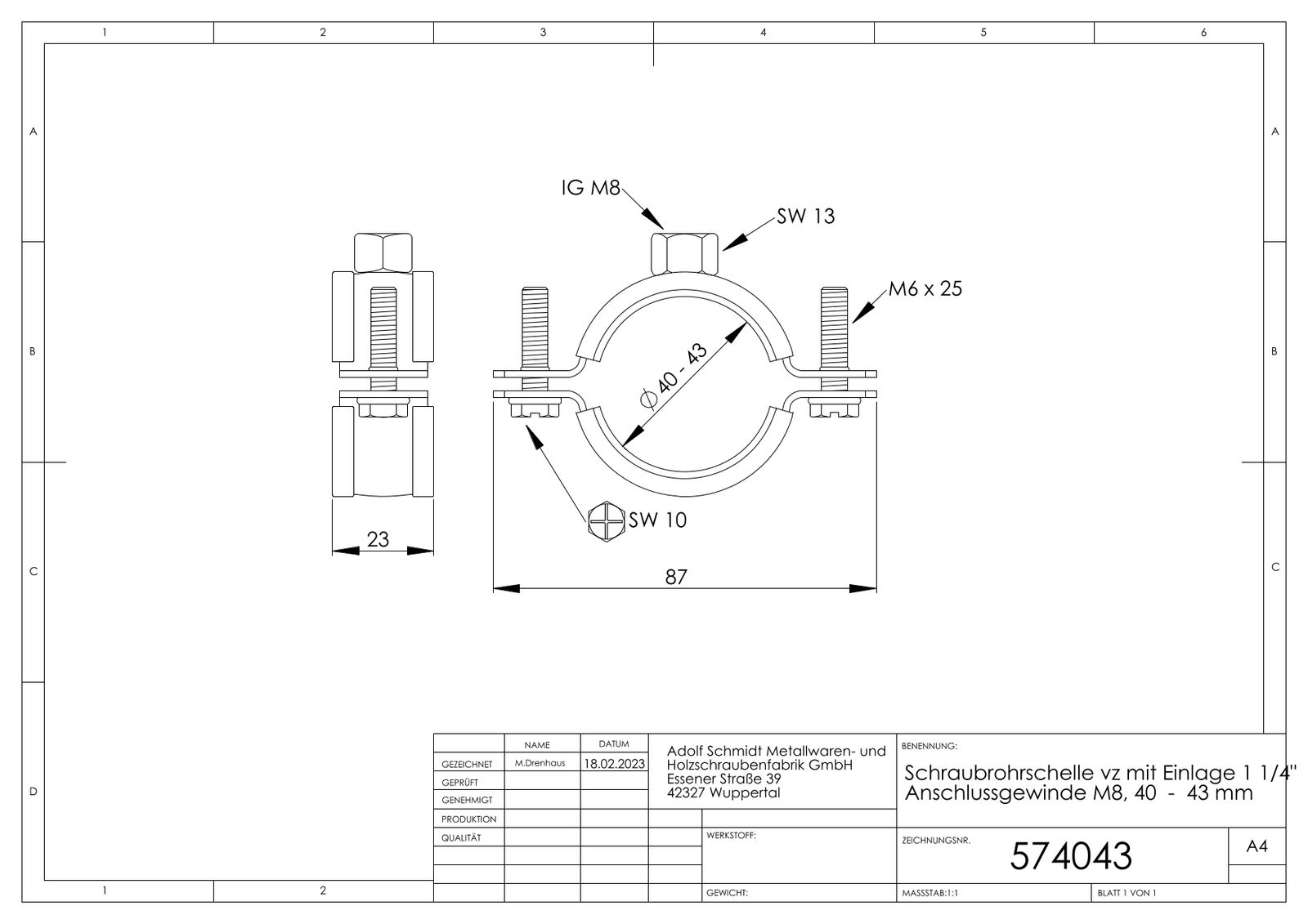 ASW Schraubrohrschelle Spannbereich 40-43 mm M 8, mit Schallschutzeinlage