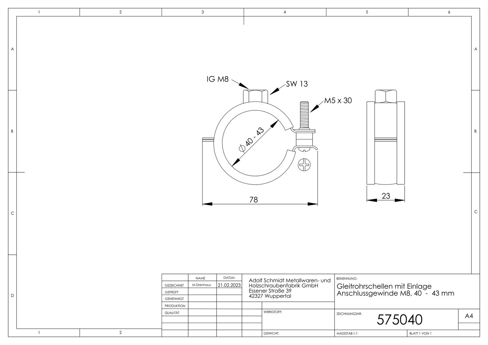 ASW Gleitrohrschelle Spannbereich 40-43 mm M 8, mit Schallschutzeinlage