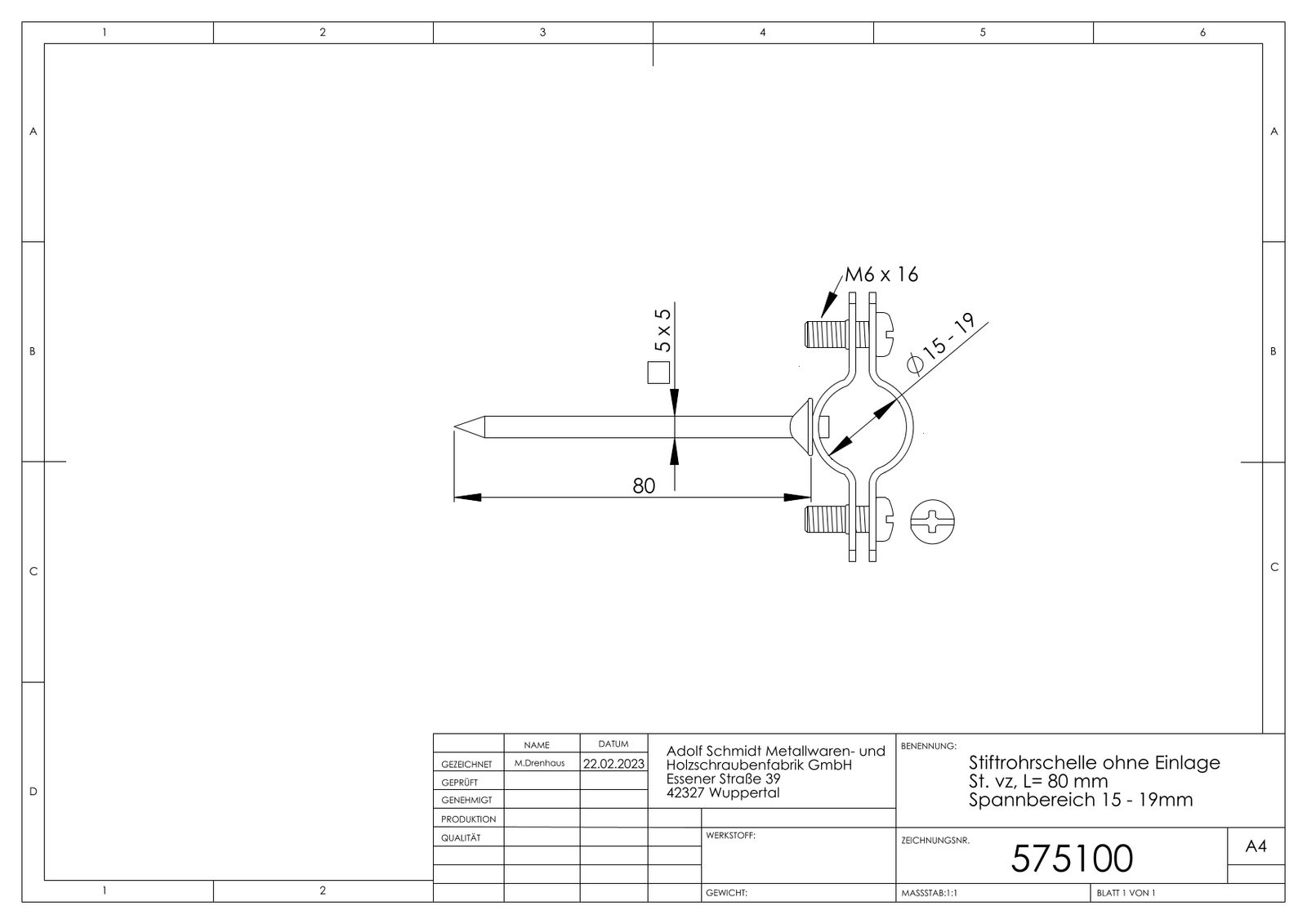 ASW Einschlag-Stiftrohrschelle Spannbereich 21-23 mm, Stiftlänge 80mm, ohne Einlage
