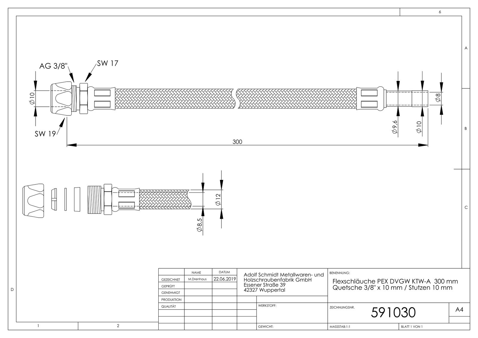 ASW Flex-Trinkwasserschlauch 300 mm, 3/8"x10mm Quetschverschraubung, 10mm Rohrstutzen