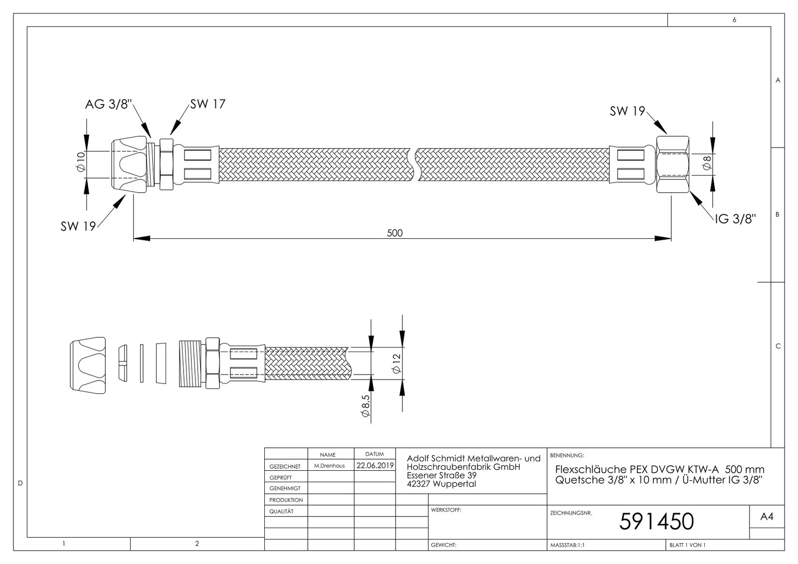 ASW Flex-Trinkwasserschlauch 500 mm, 3/8"x10mm Quetschverschraubung, 3/8" IG Überwurfmutter