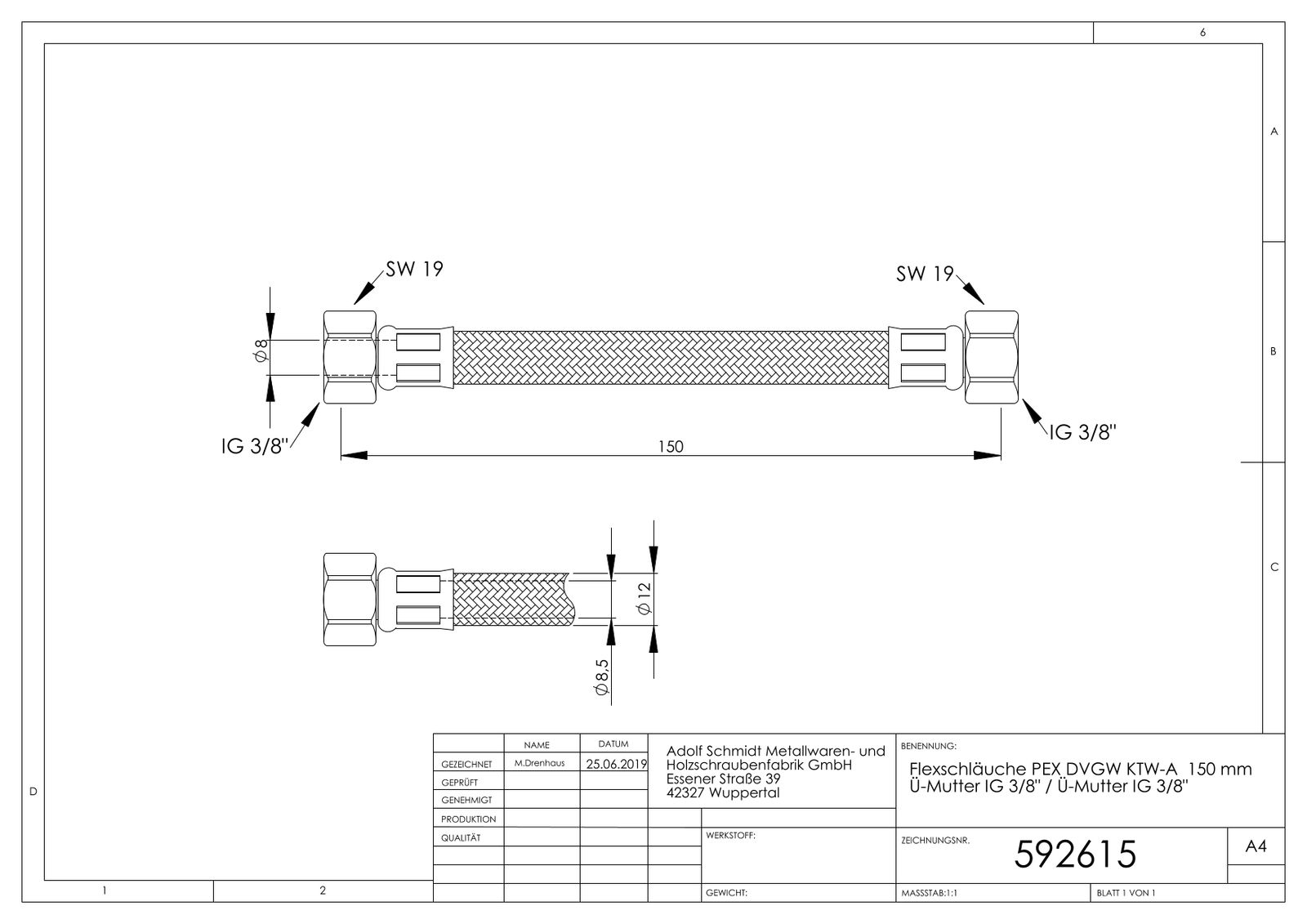 ASW Flex-Trinkwasserschlauch 3/8" x 3/8", 150 mm, Überwurfmutter IG