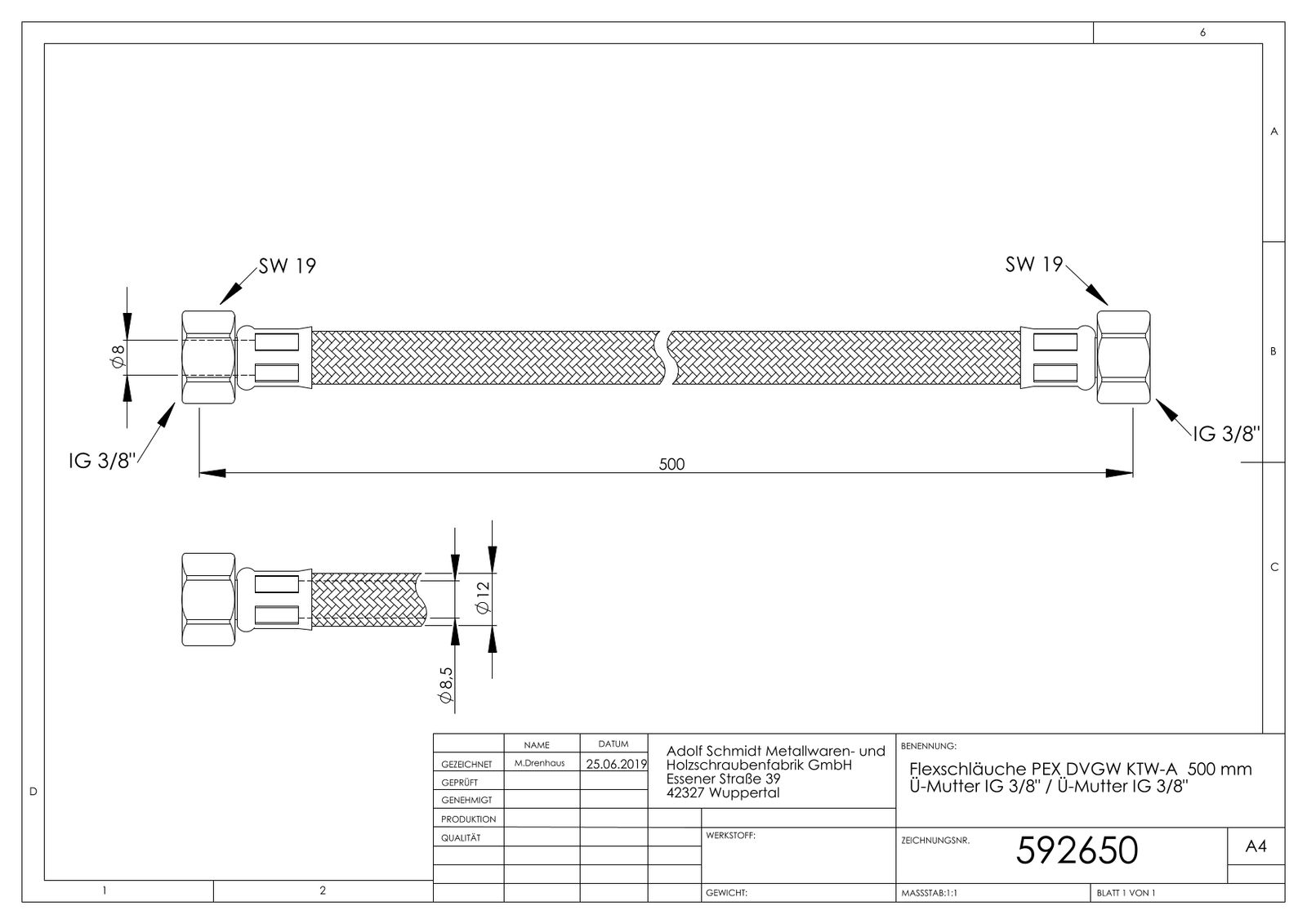 ASW Flex-Trinkwasserschlauch 3/8" x 3/8", 500 mm, Überwurfmutter IG