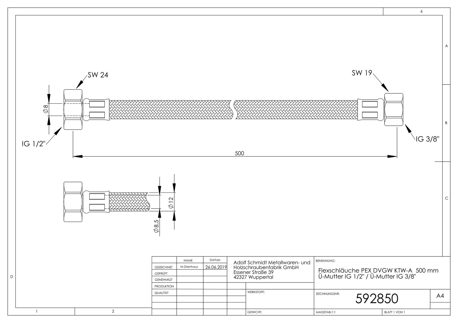 ASW Flex-Trinkwasserschlauch 1/2" x 3/8", 500 mm, Überwurfmutter IG